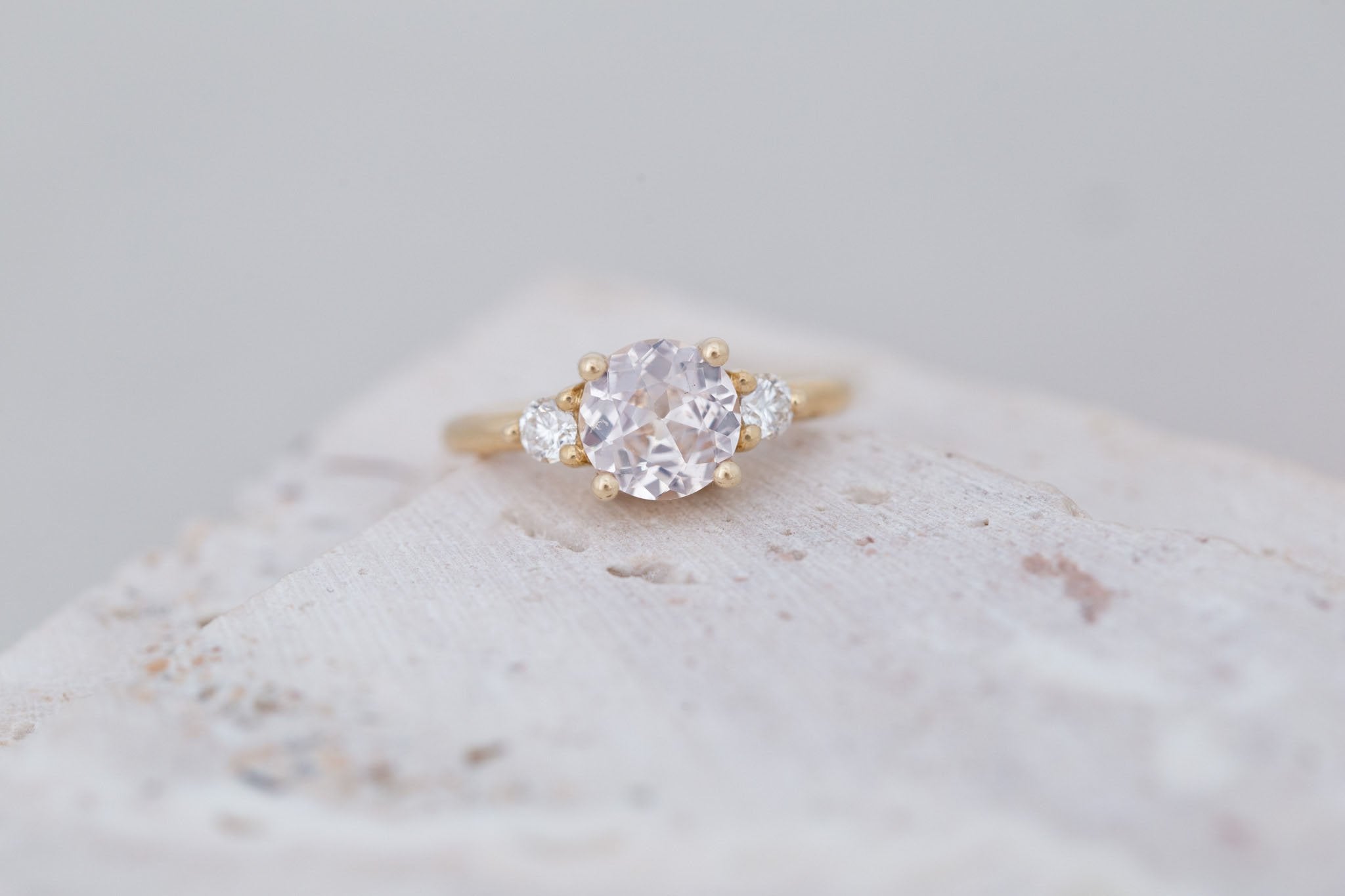 Maeve Ring | Icy Blush Sapphire + Round Diamond Accent Engagement Ring 1.88 ct | 14k Recycled Gold | One of a Kind