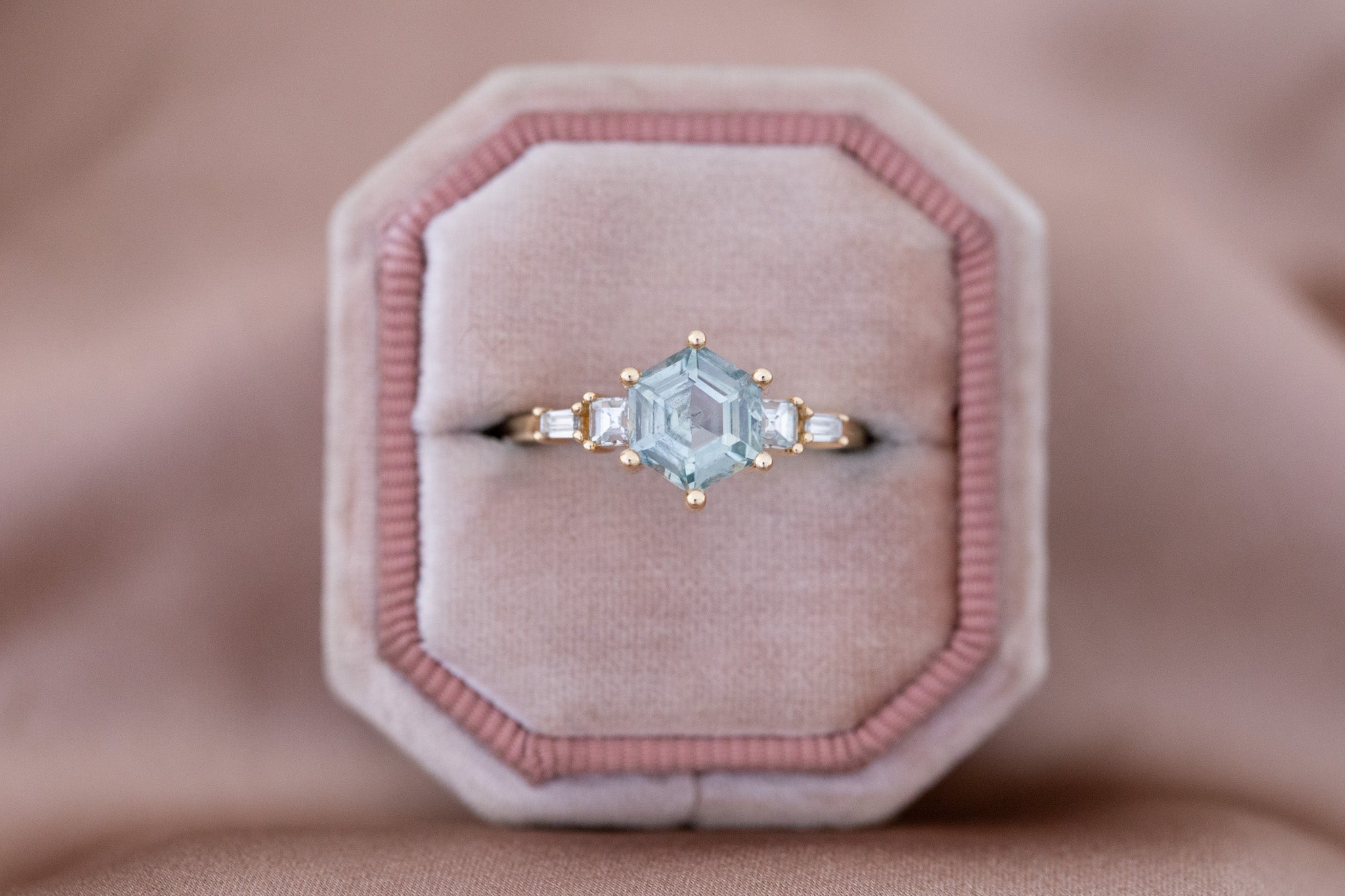 Mira Ring | Teal Montana Hexagon Sapphire + Diamond Step Cut Accent Engagement Ring 1.88 ct | 14k Recycled Gold | One of a Kind