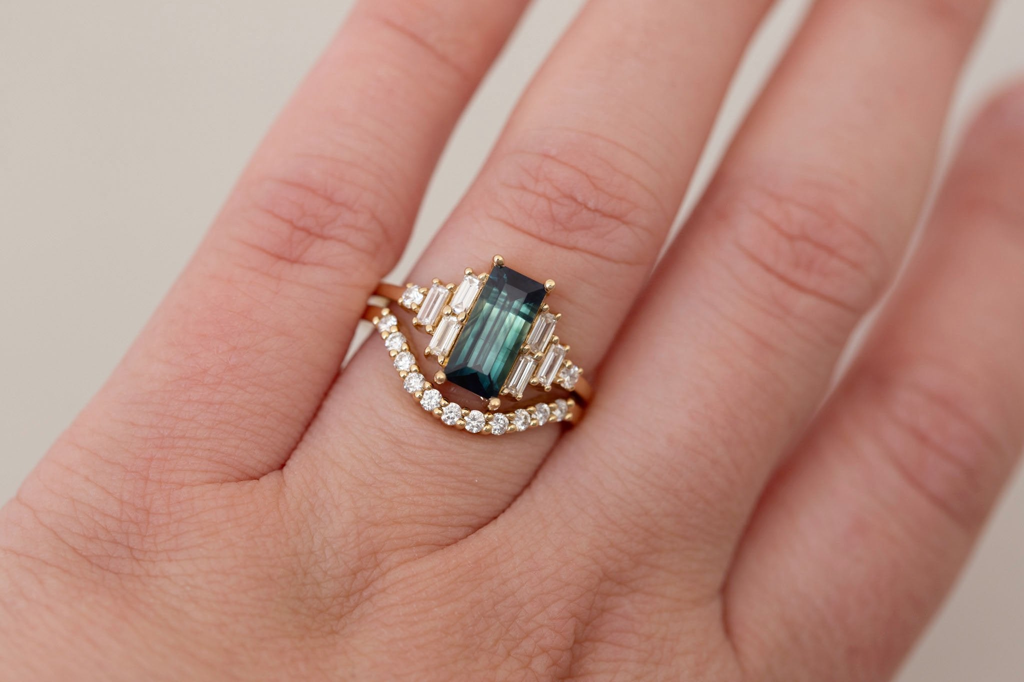 Delta Ring | Teal Sapphire + Diamond Cluster Engagement Ring 1.88 ct | 14k Recycled Gold | One of a Kind