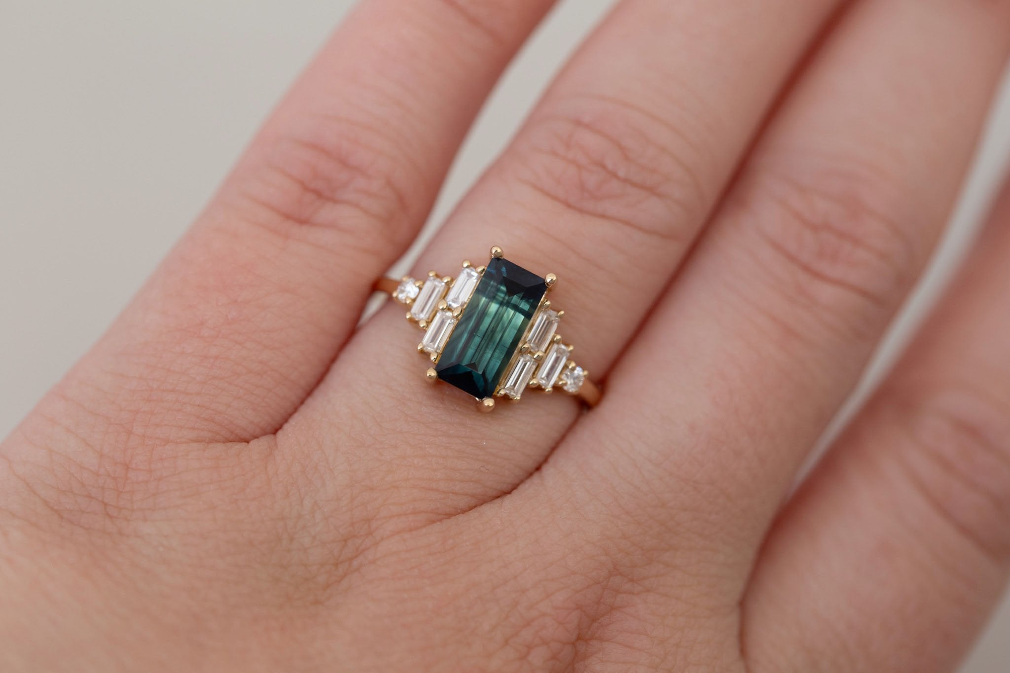 Delta Ring | Teal Sapphire + Diamond Cluster Engagement Ring 1.88 ct | 14k Recycled Gold | One of a Kind