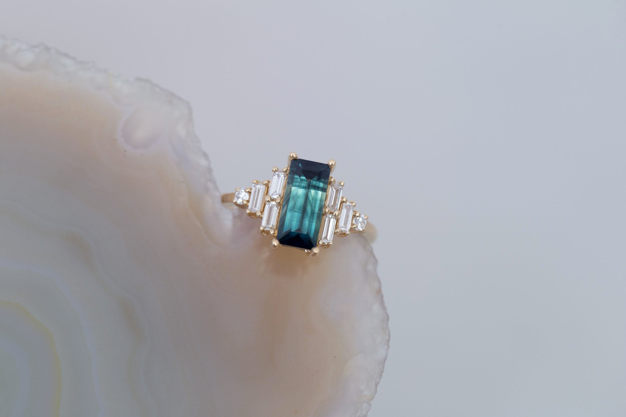 Delta Ring | Teal Sapphire + Diamond Cluster Engagement Ring 1.88 ct | 14k Recycled Gold | One of a Kind