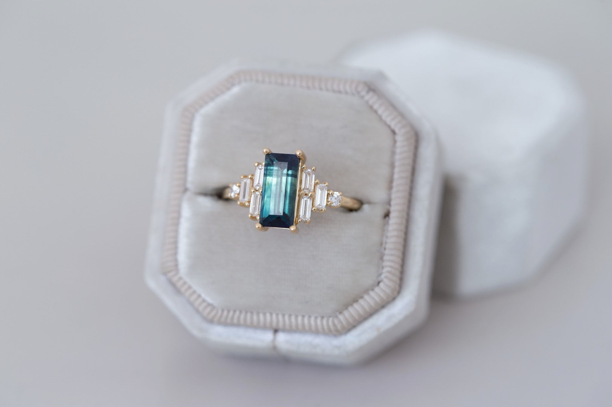 Delta Ring | Teal Sapphire + Diamond Cluster Engagement Ring 1.88 ct | 14k Recycled Gold | One of a Kind