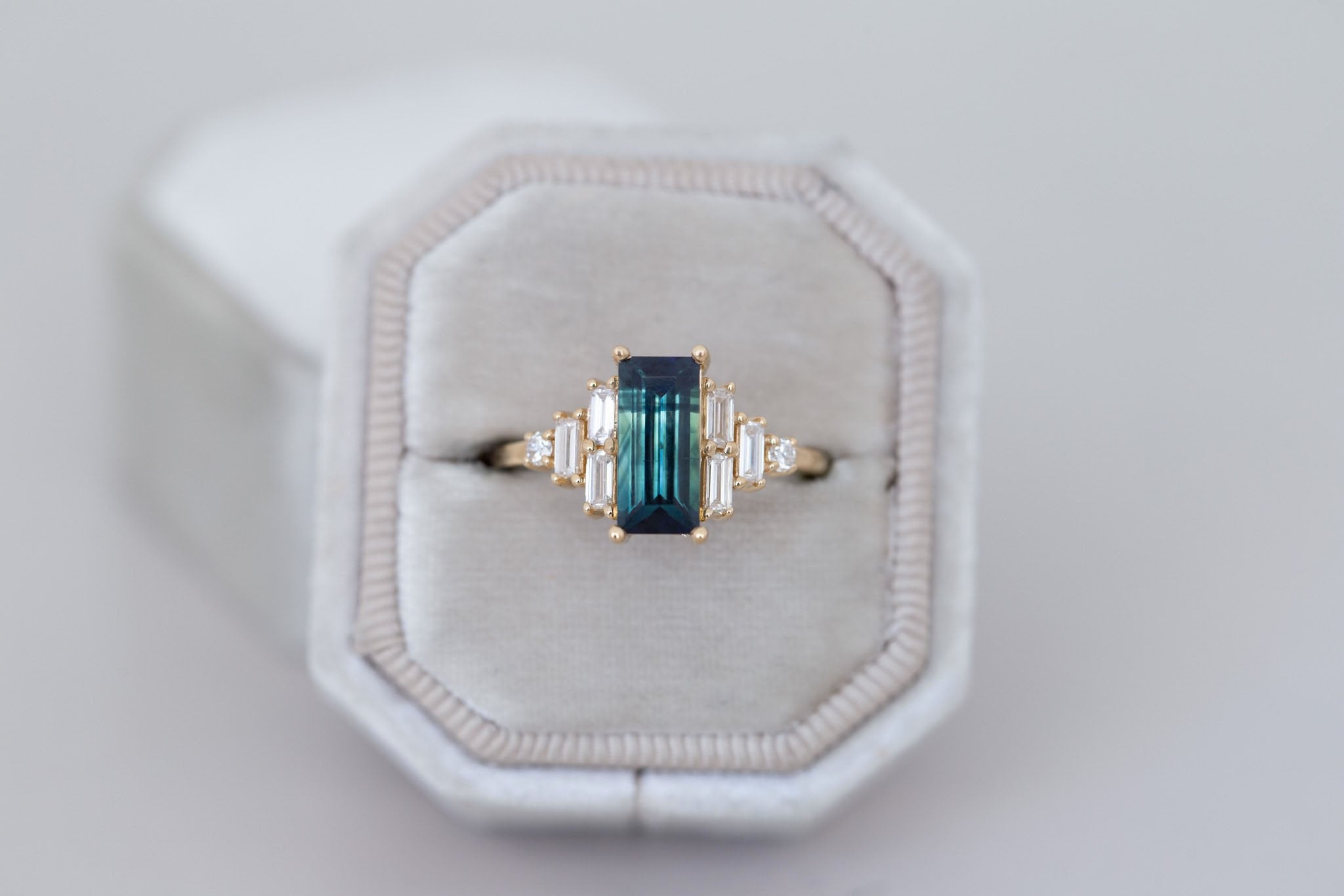 Delta Ring | Teal Sapphire + Diamond Cluster Engagement Ring 1.88 ct | 14k Recycled Gold | One of a Kind