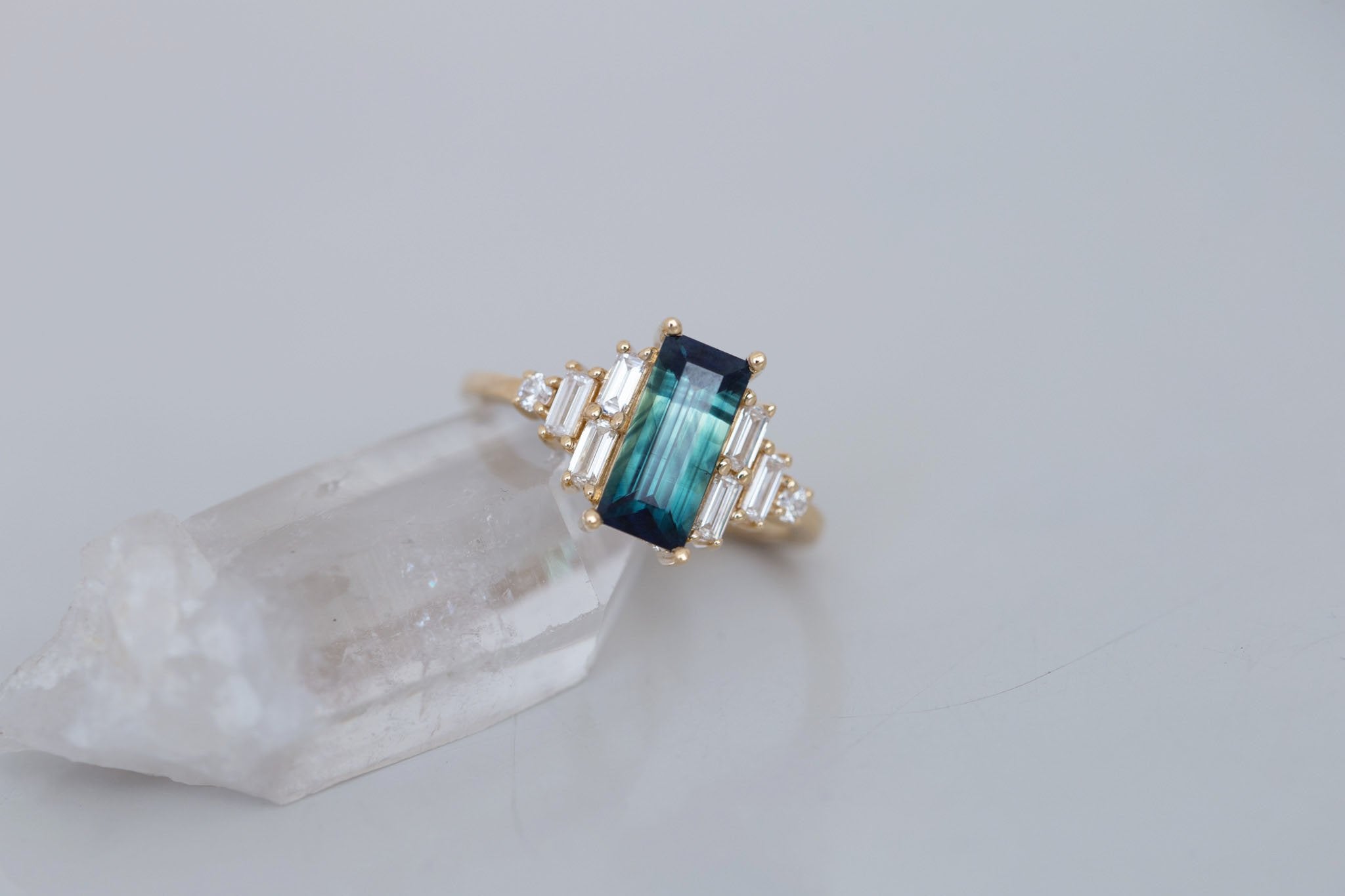 Delta Ring | Teal Sapphire + Diamond Cluster Engagement Ring 1.88 ct | 14k Recycled Gold | One of a Kind