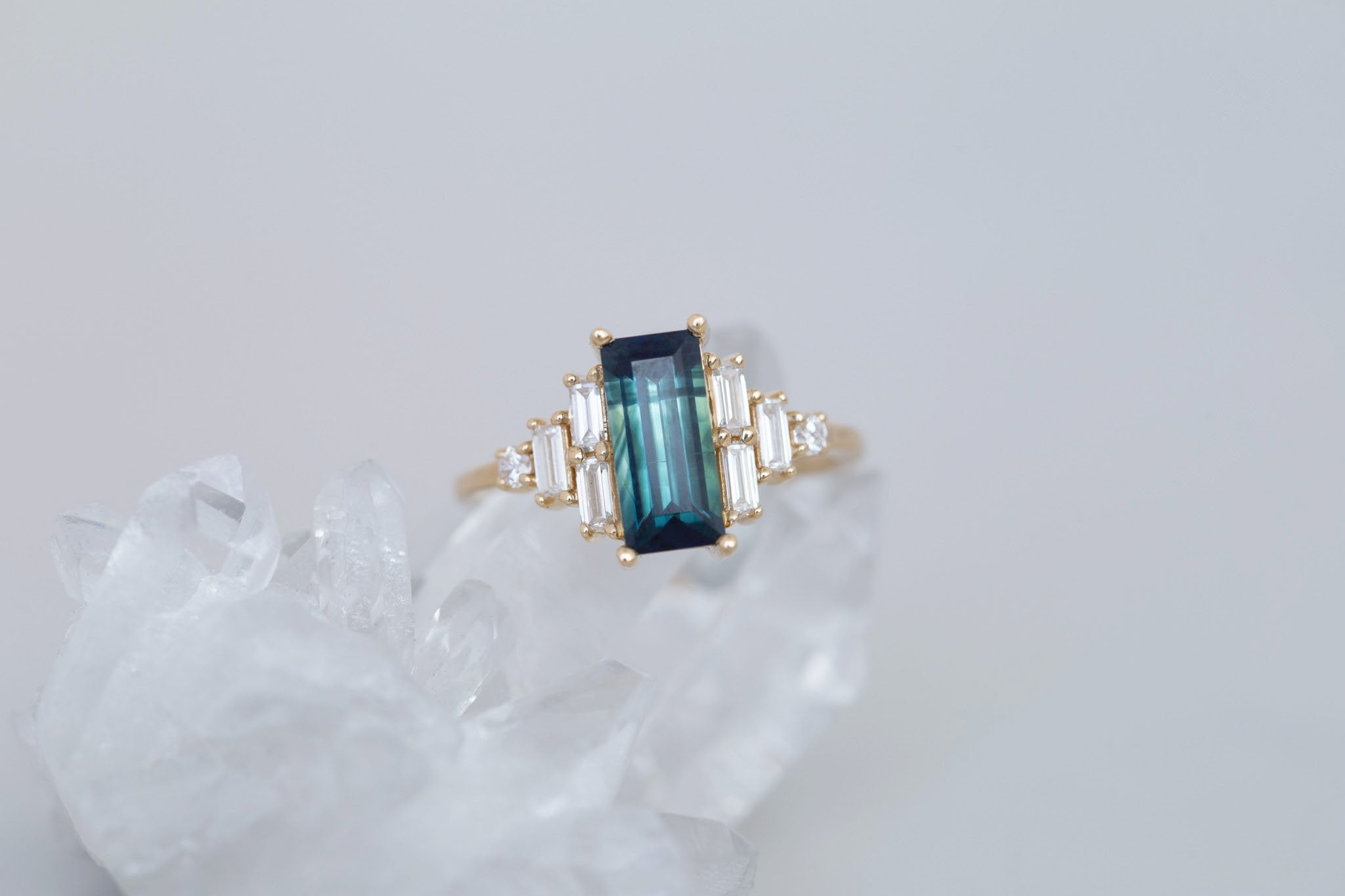 Delta Ring | Teal Sapphire + Diamond Cluster Engagement Ring 1.88 ct | 14k Recycled Gold | One of a Kind