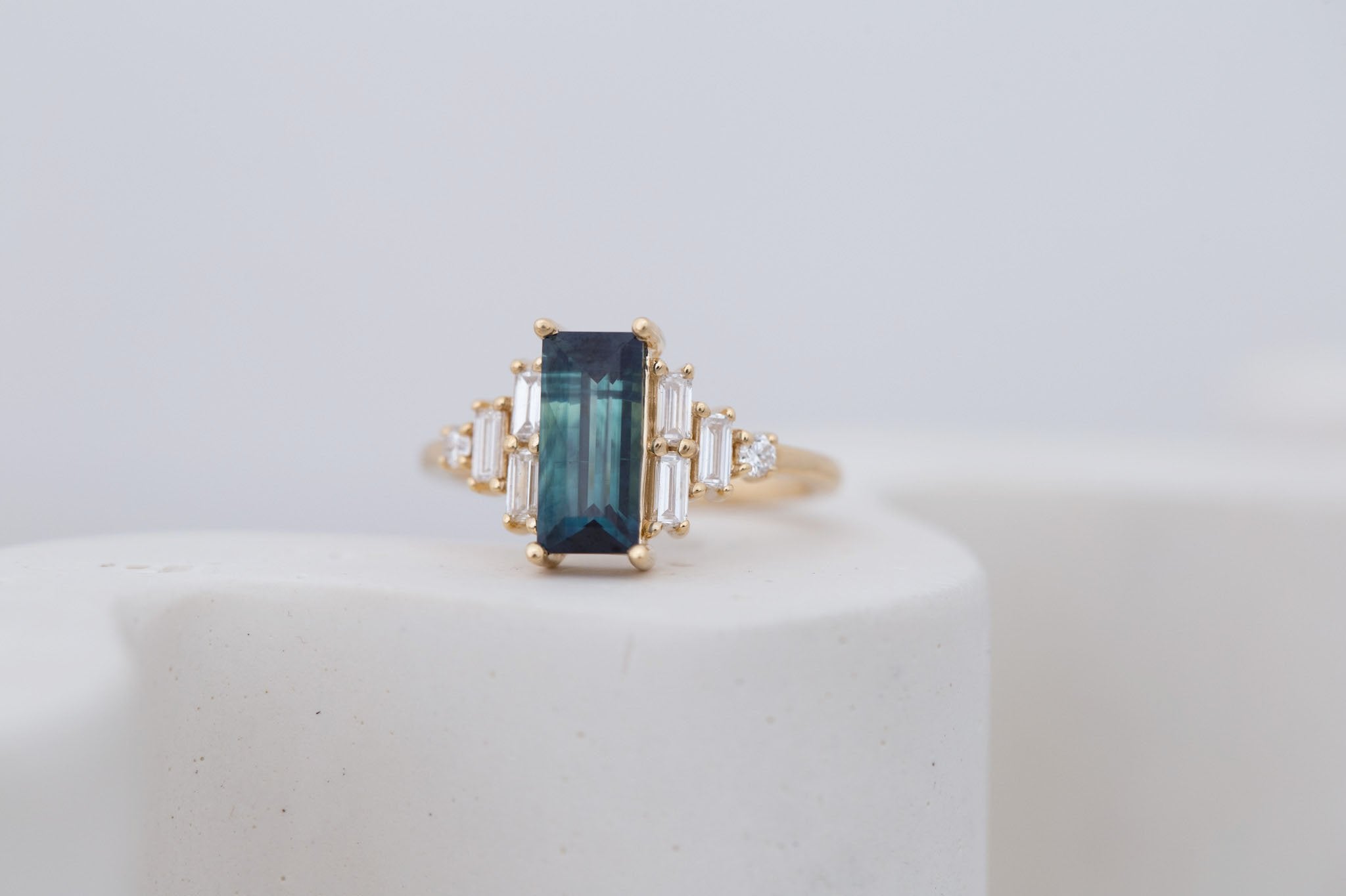 Delta Ring | Teal Sapphire + Diamond Cluster Engagement Ring 1.88 ct | 14k Recycled Gold | One of a Kind