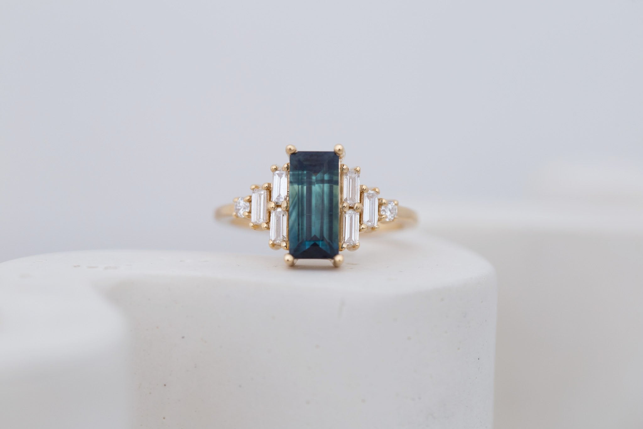 Delta Ring | Teal Sapphire + Diamond Cluster Engagement Ring 1.88 ct | 14k Recycled Gold | One of a Kind