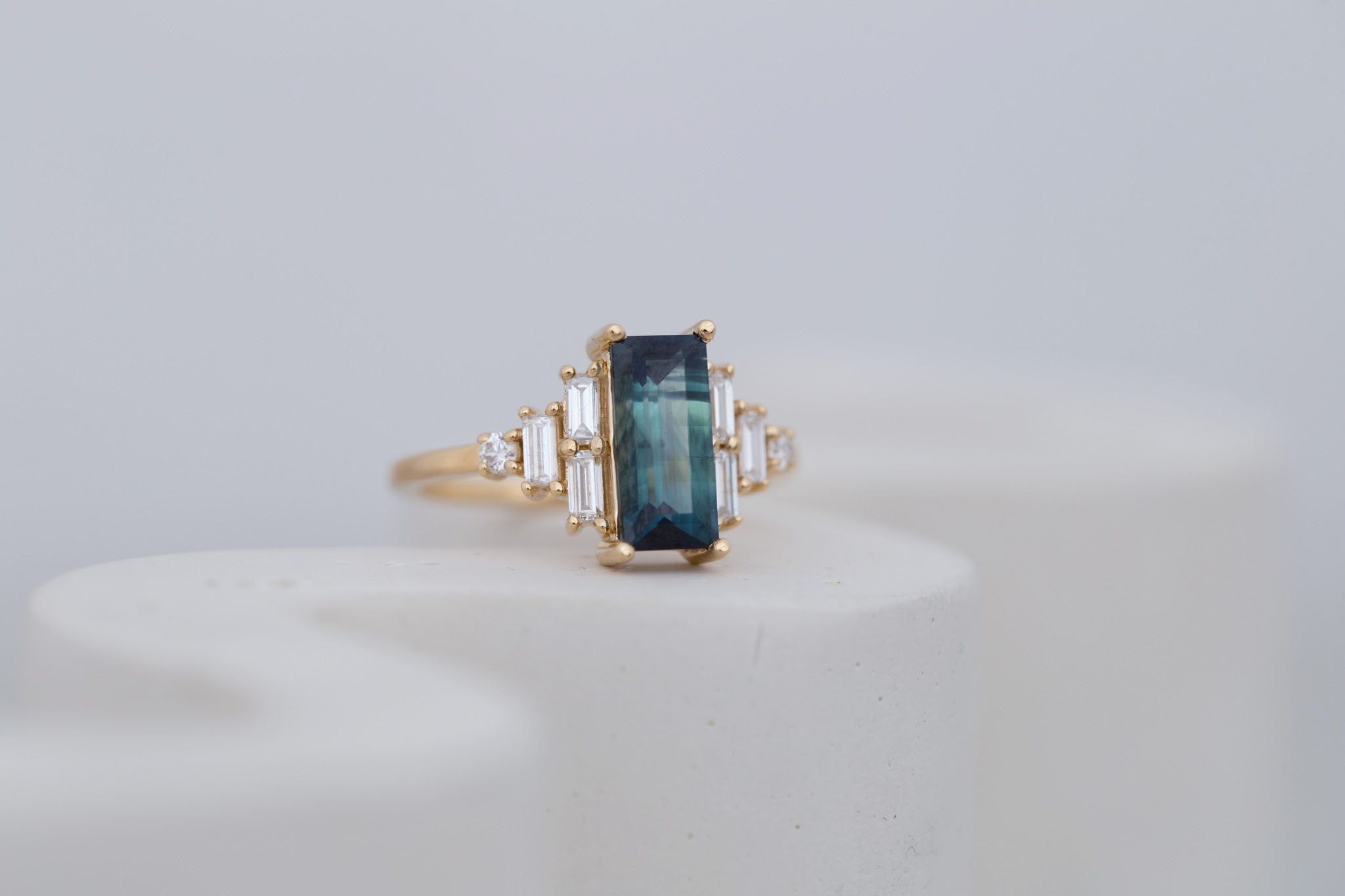 Delta Ring | Teal Sapphire + Diamond Cluster Engagement Ring 1.88 ct | 14k Recycled Gold | One of a Kind