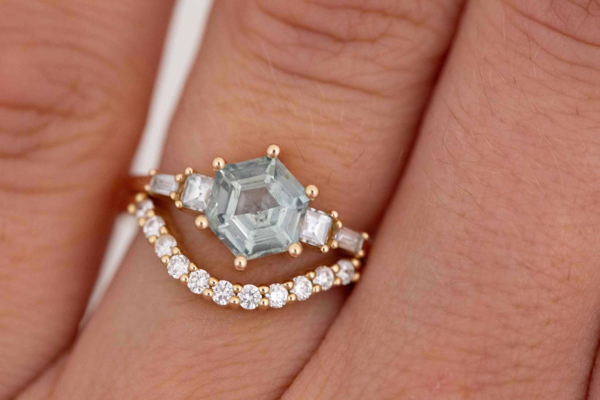 Mira Ring | Teal Montana Hexagon Sapphire + Diamond Step Cut Accent Engagement Ring 1.88 ct | 14k Recycled Gold | One of a Kind