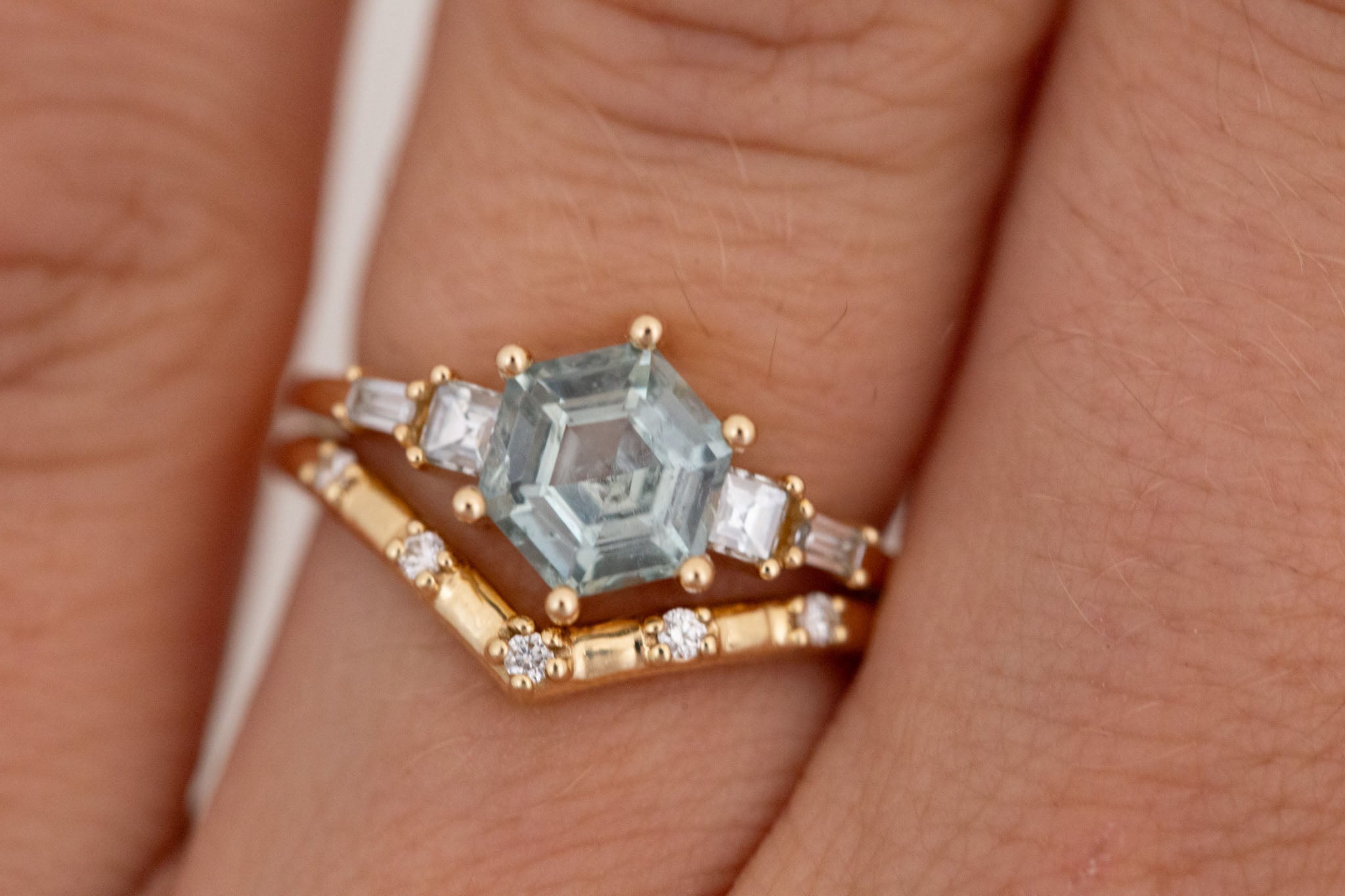 Mira Ring | Teal Montana Hexagon Sapphire + Diamond Step Cut Accent Engagement Ring 1.88 ct | 14k Recycled Gold | One of a Kind