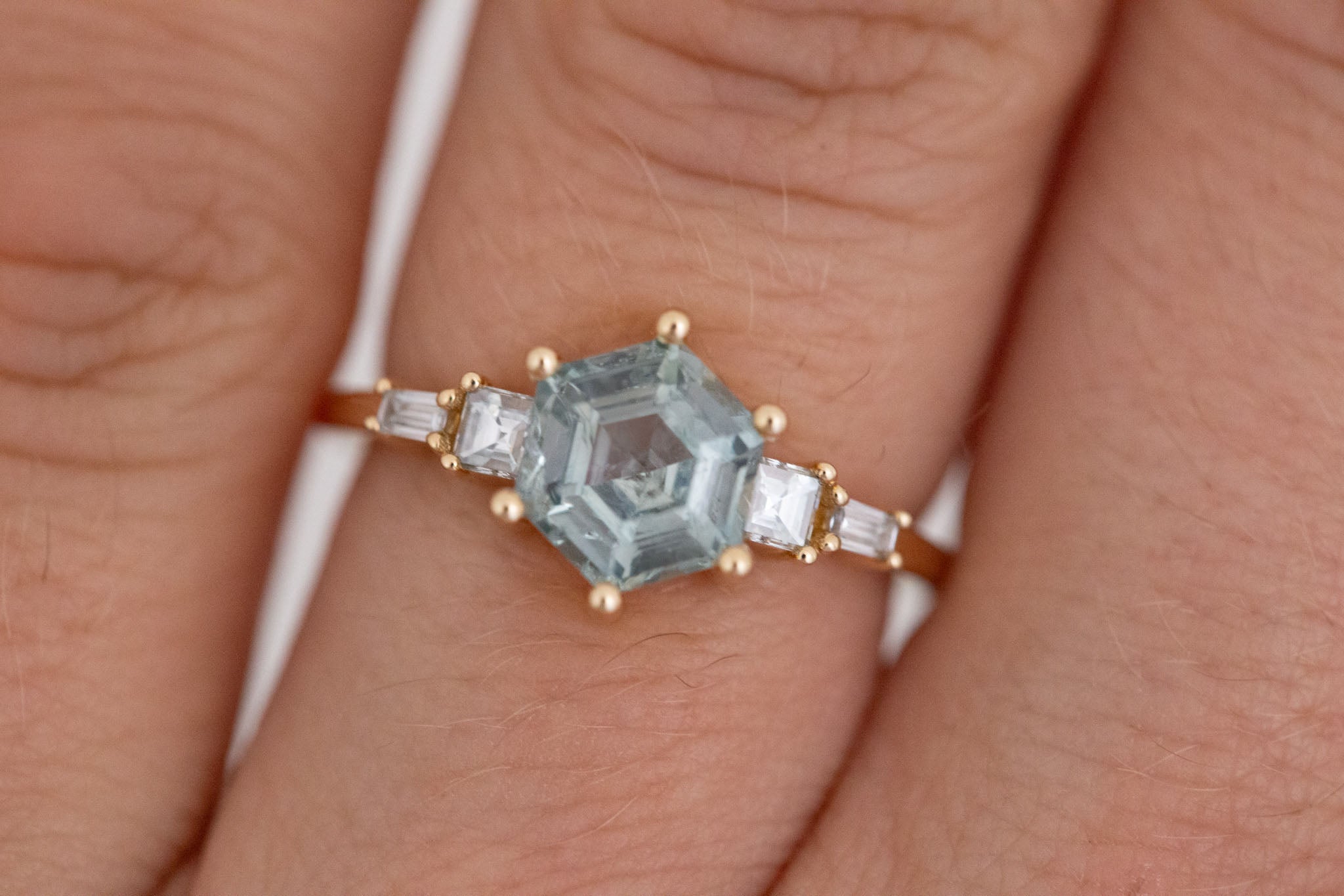 Mira Ring | Teal Montana Hexagon Sapphire + Diamond Step Cut Accent Engagement Ring 1.88 ct | 14k Recycled Gold | One of a Kind