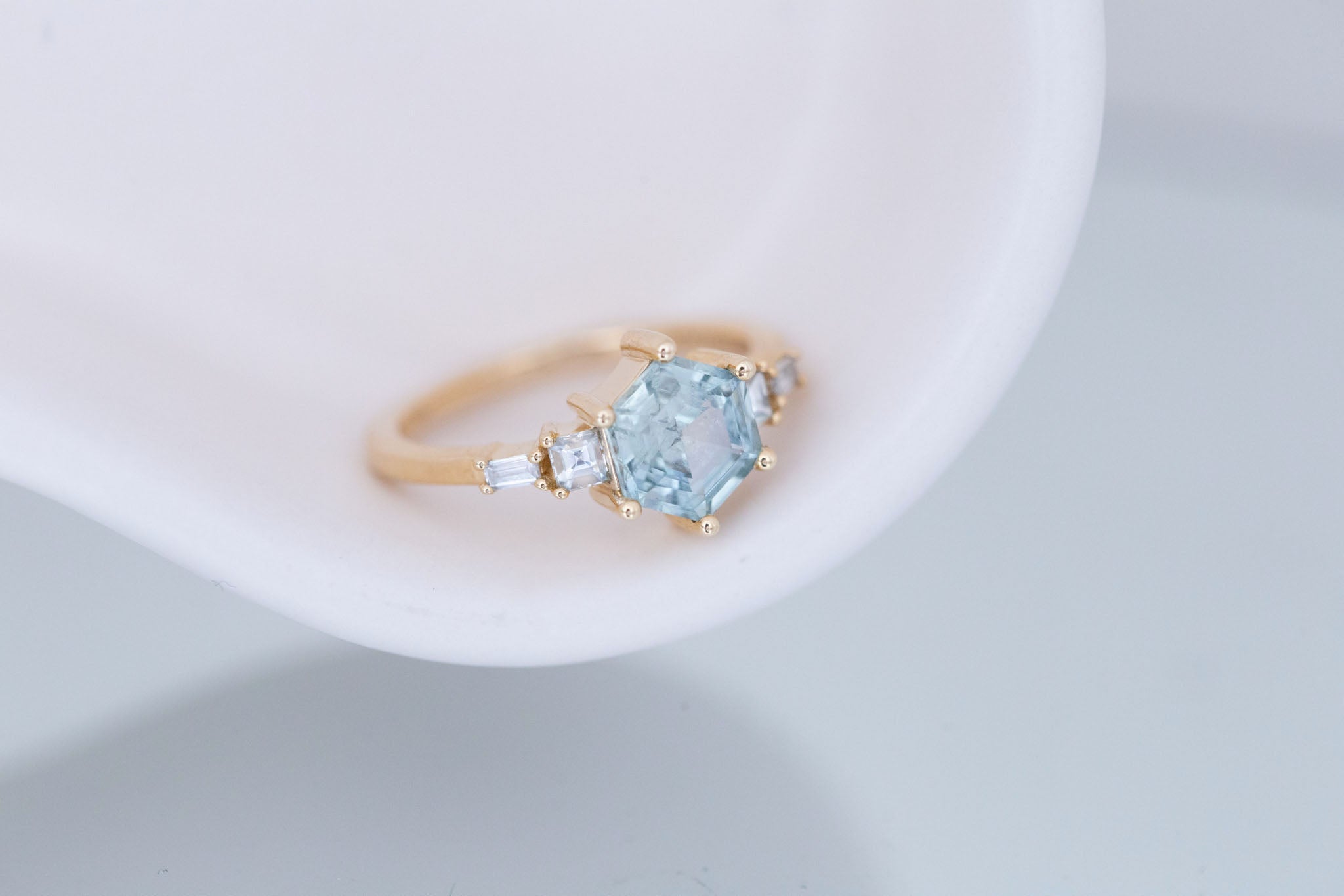 Mira Ring | Teal Montana Hexagon Sapphire + Diamond Step Cut Accent Engagement Ring 1.88 ct | 14k Recycled Gold | One of a Kind