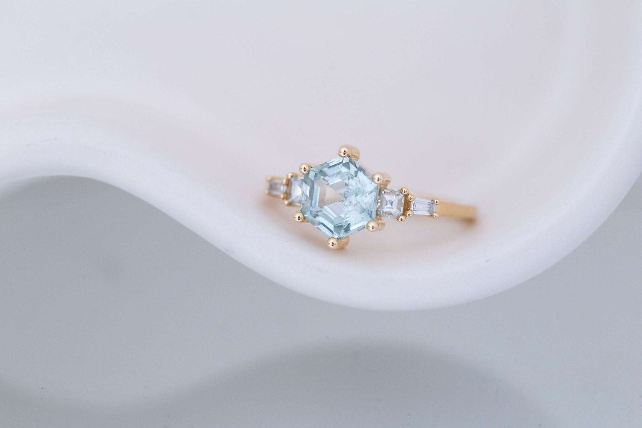 Mira Ring | Teal Montana Hexagon Sapphire + Diamond Step Cut Accent Engagement Ring 1.88 ct | 14k Recycled Gold | One of a Kind