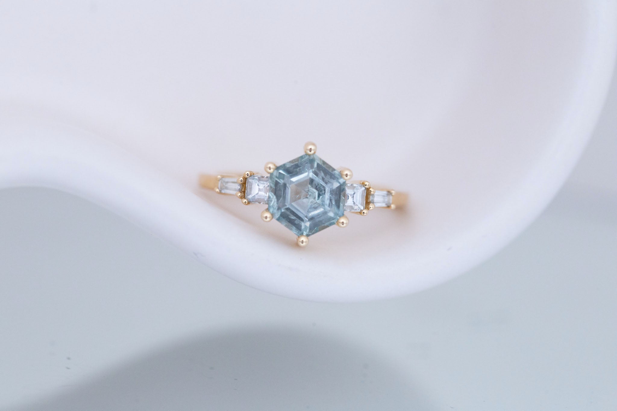 Mira Ring | Teal Montana Hexagon Sapphire + Diamond Step Cut Accent En