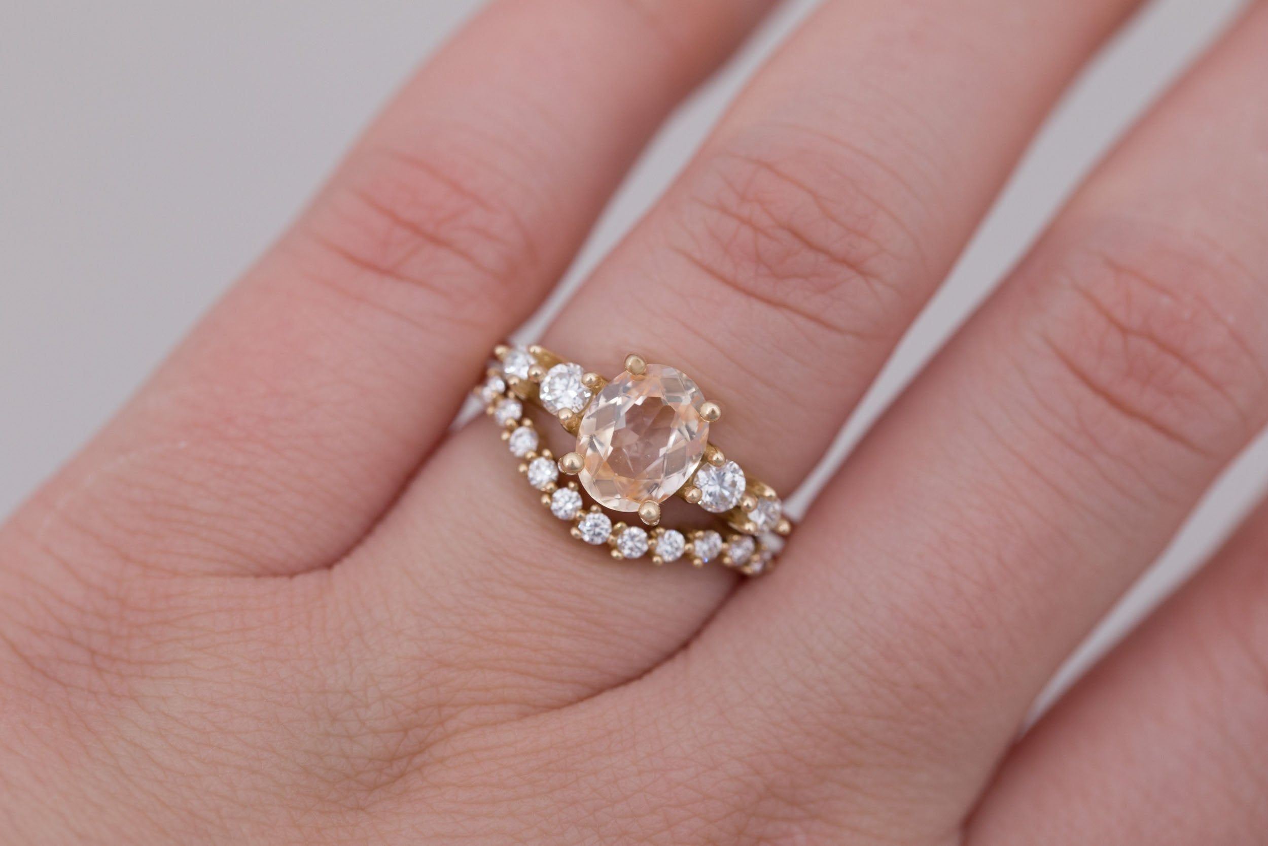 Arbor Ring | Peach Oval Sapphire + Round Diamond Accent Engagement Ring 1.90 ct | 14k Recycled Gold | One of a Kind
