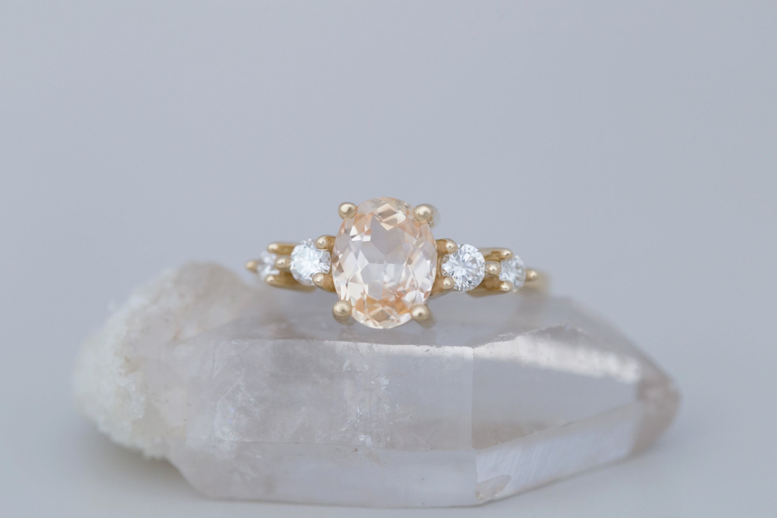 Arbor Ring | Peach Oval Sapphire + Round Diamond Accent Engagement Ring 1.90 ct | 14k Recycled Gold | One of a Kind