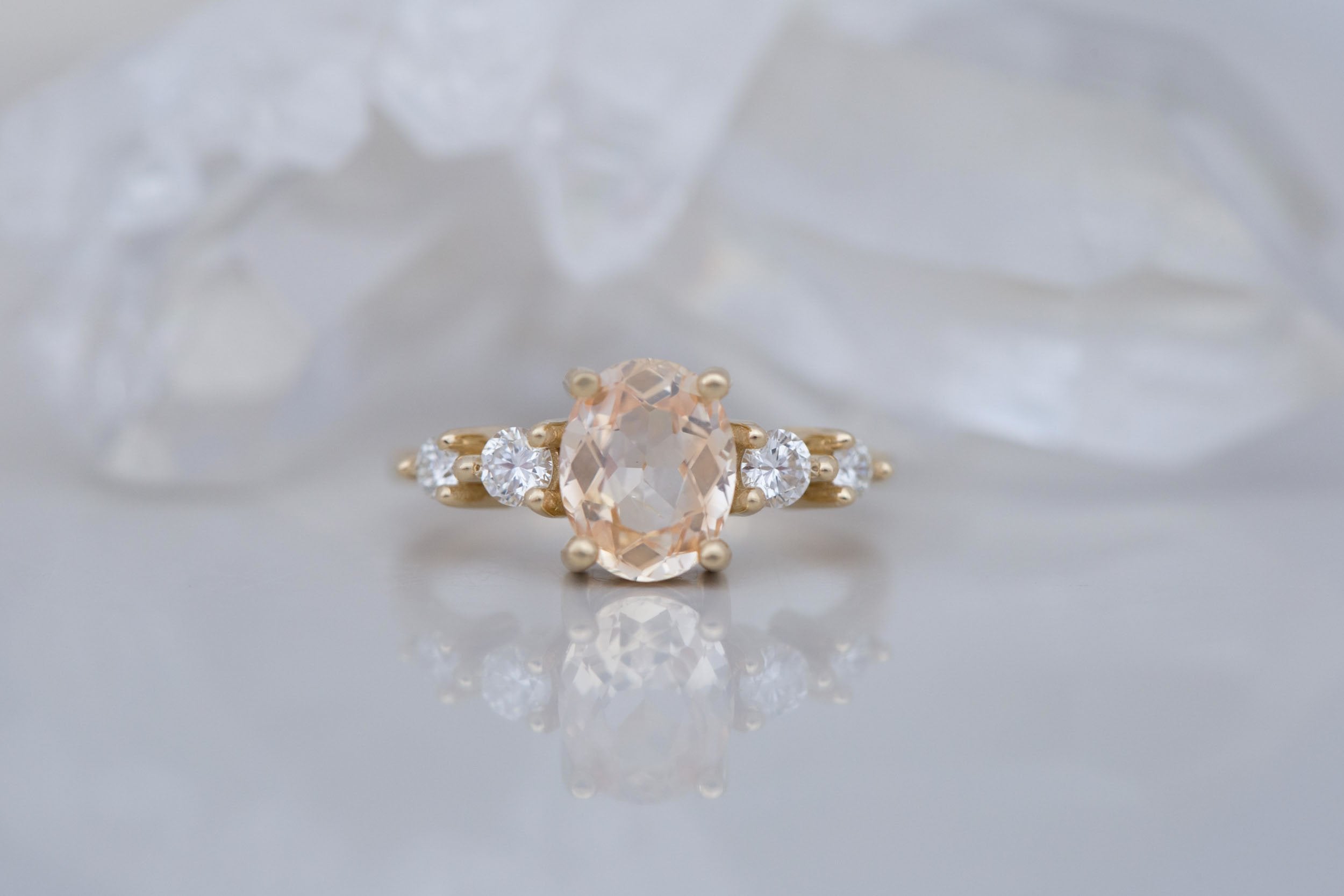 Arbor Ring | Peach Oval Sapphire + Round Diamond Accent Engagement Ring 1.90 ct | 14k Recycled Gold | One of a Kind