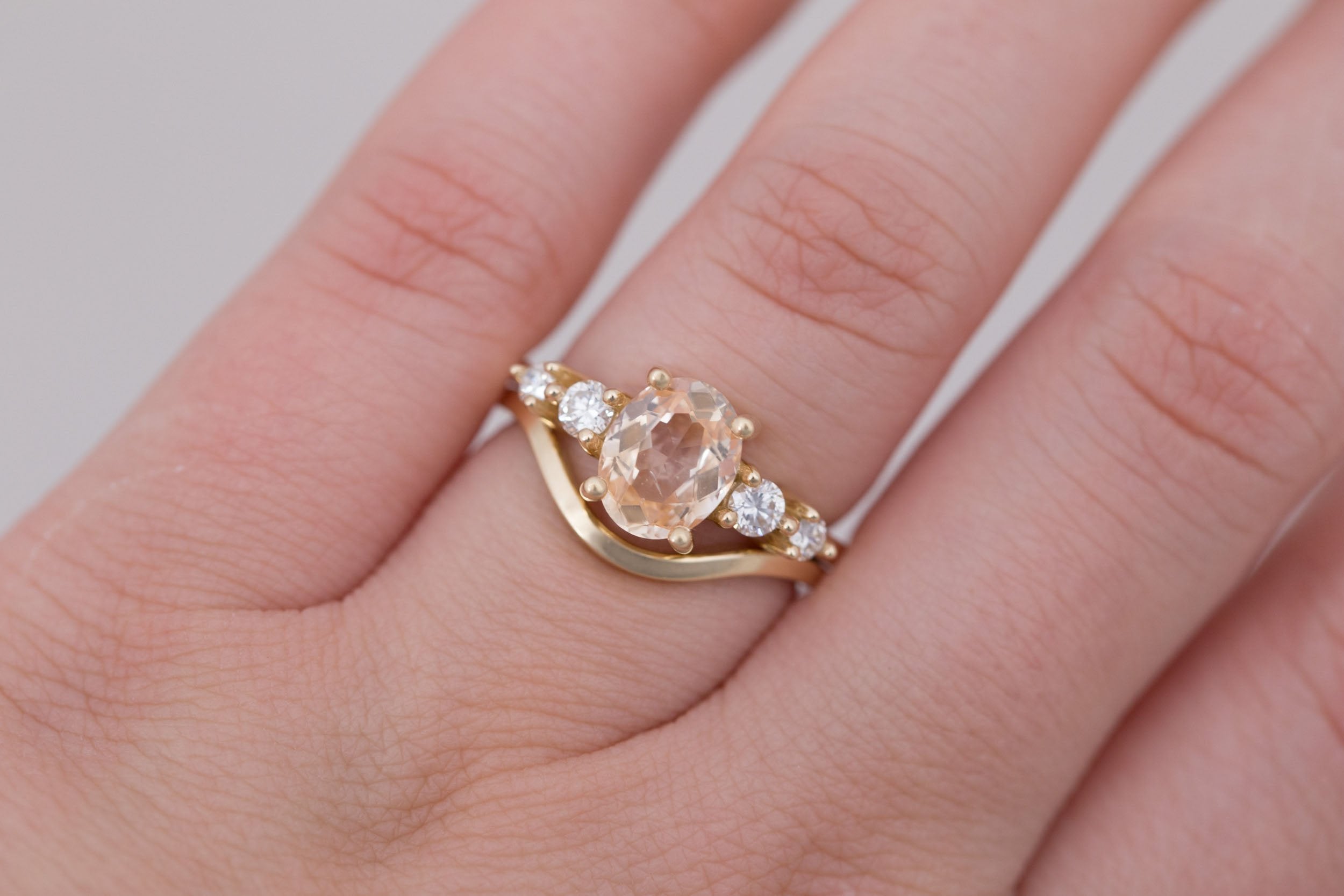 Arbor Ring | Peach Oval Sapphire + Round Diamond Accent Engagement Ring 1.90 ct | 14k Recycled Gold | One of a Kind