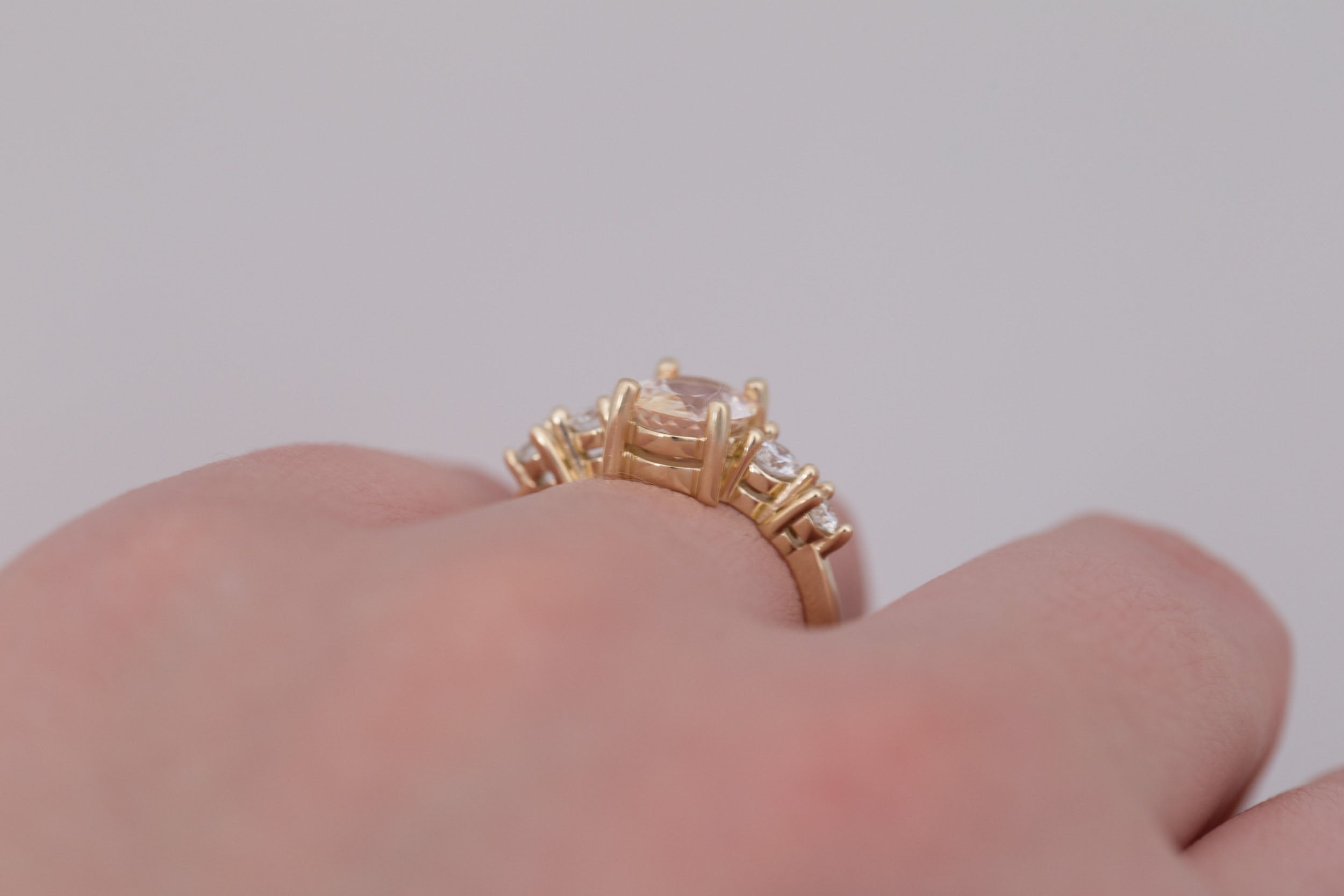 Arbor Ring | Peach Oval Sapphire + Round Diamond Accent Engagement Ring 1.90 ct | 14k Recycled Gold | One of a Kind