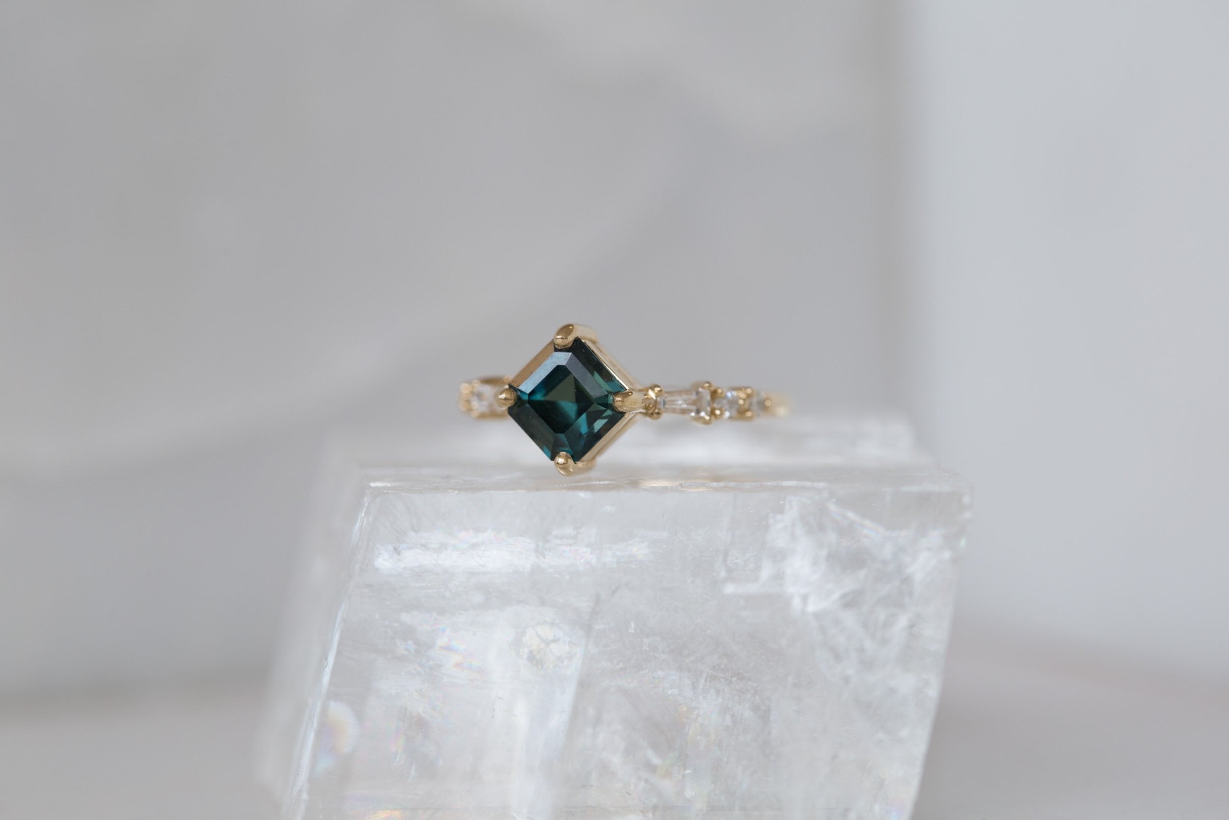 Liesel Ring | Teal Asscher Cut Sapphire + Diamond Baguette Accent Engagement Ring 1.90 ct | 14k Recycled Gold | One of a Kind