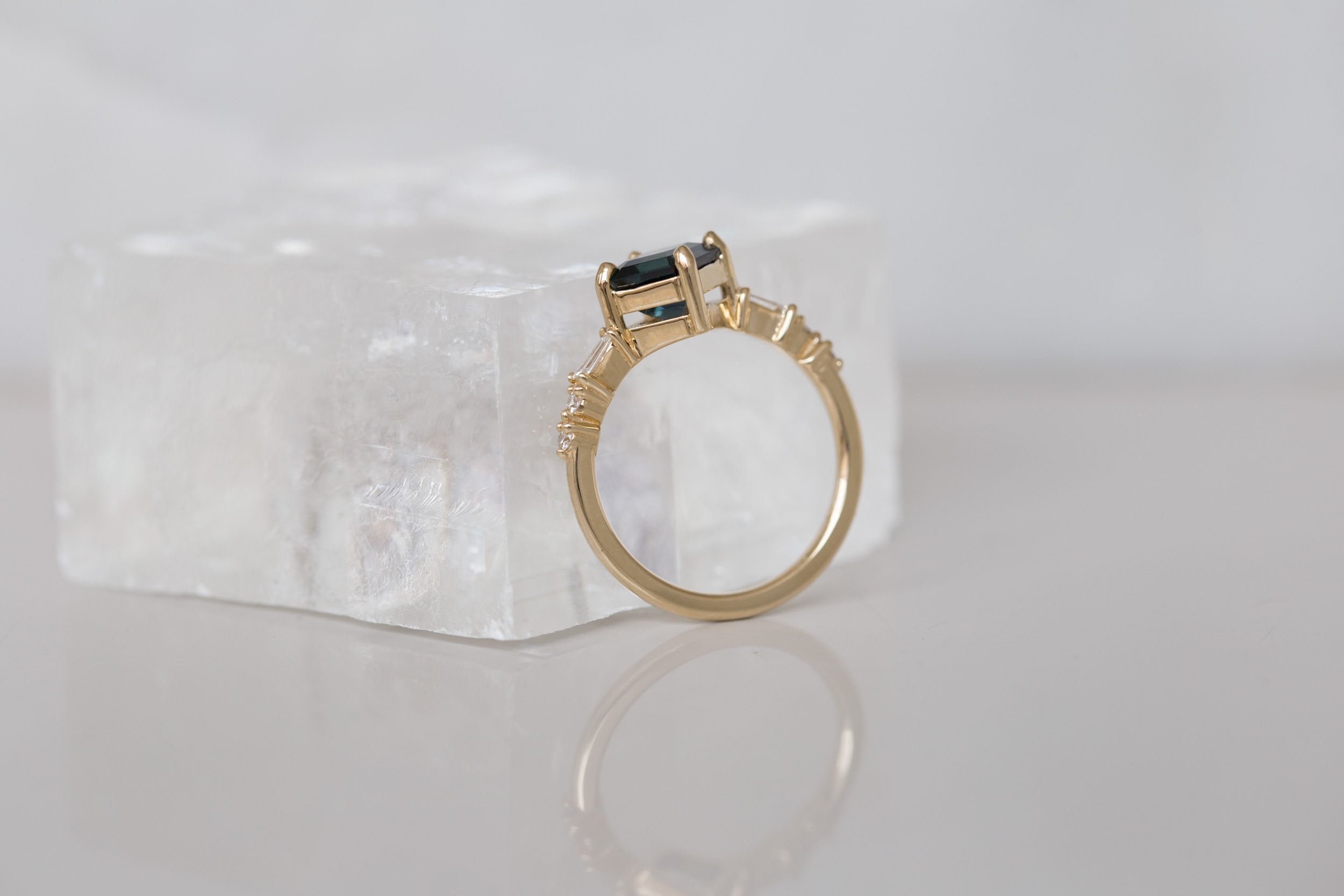 Liesel Ring | Teal Asscher Cut Sapphire + Diamond Baguette Accent Engagement Ring 1.90 ct | 14k Recycled Gold | One of a Kind