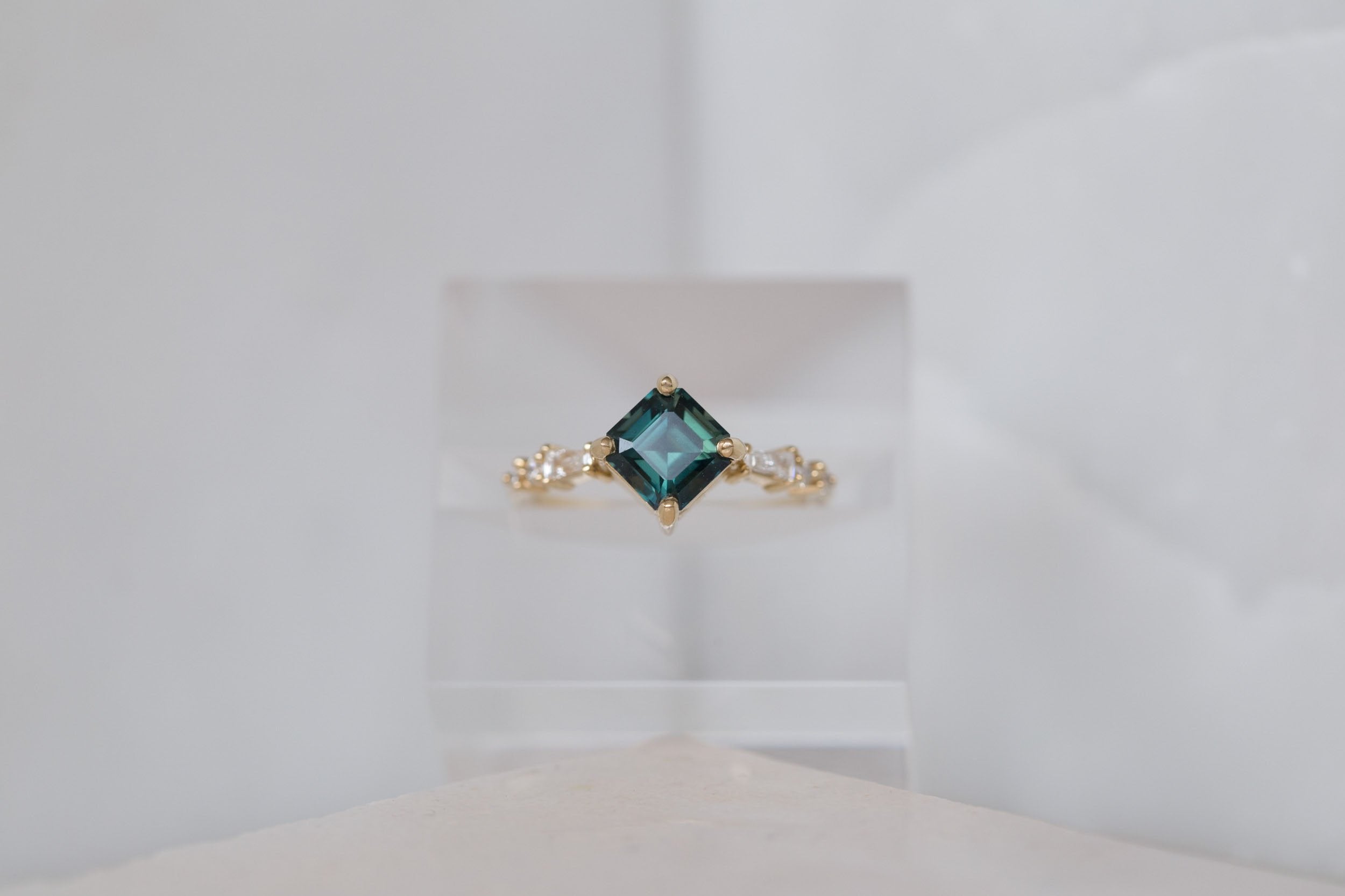 Liesel Ring | Teal Asscher Cut Sapphire + Diamond Baguette Accent Engagement Ring 1.90 ct | 14k Recycled Gold | One of a Kind
