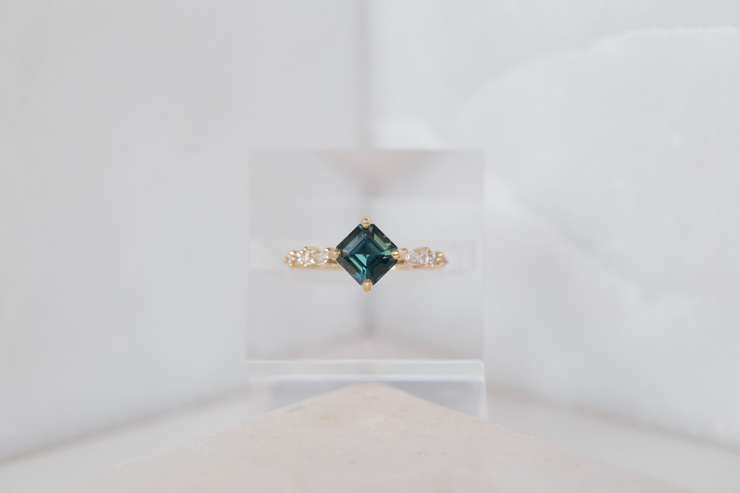 Liesel Ring | Teal Asscher Cut Sapphire + Diamond Baguette Accent Engagement Ring 1.90 ct | 14k Recycled Gold | One of a Kind