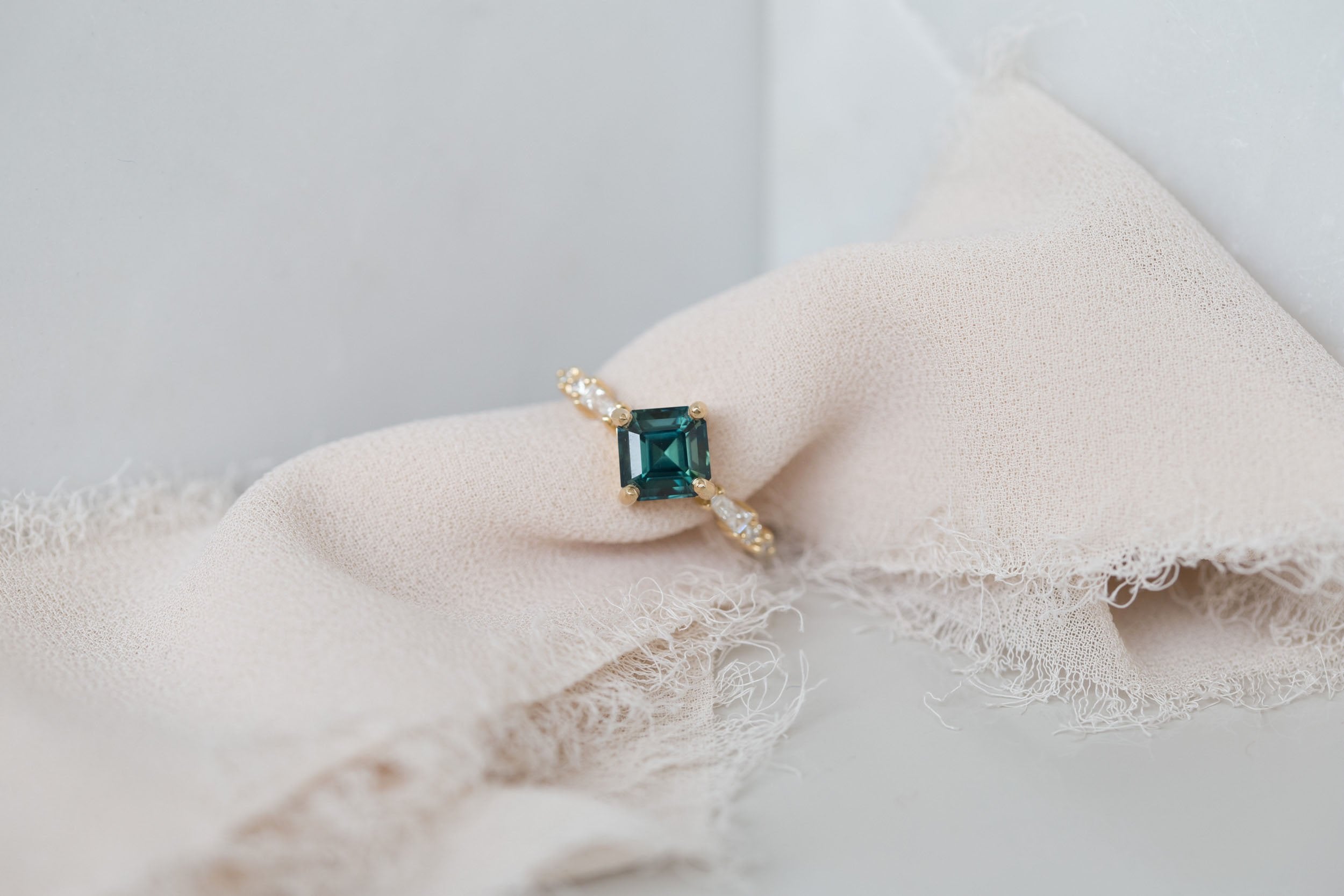 Liesel Ring | Teal Asscher Cut Sapphire + Diamond Baguette Accent Engagement Ring 1.90 ct | 14k Recycled Gold | One of a Kind