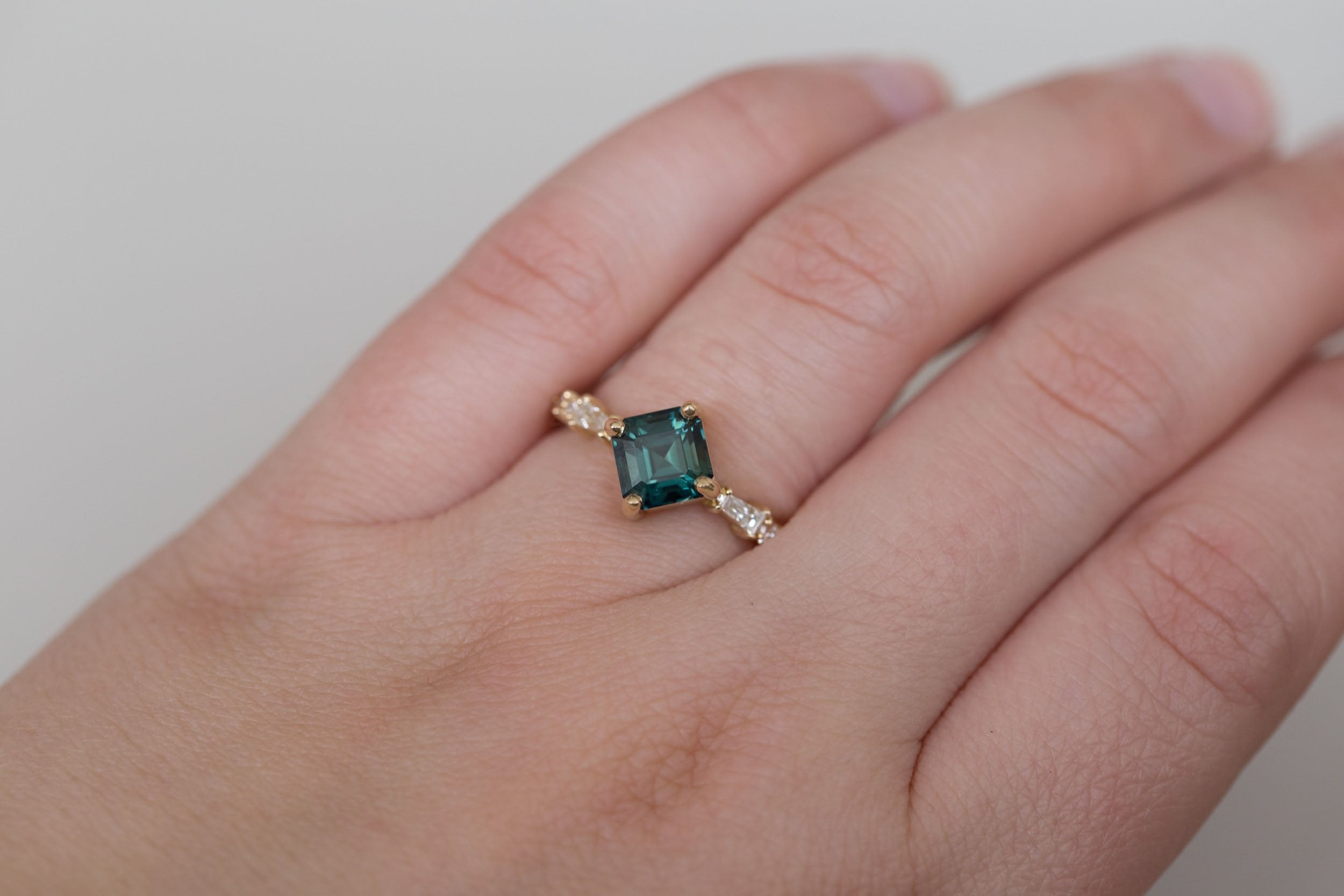 Liesel Ring | Teal Asscher Cut Sapphire + Diamond Baguette Accent Engagement Ring 1.90 ct | 14k Recycled Gold | One of a Kind
