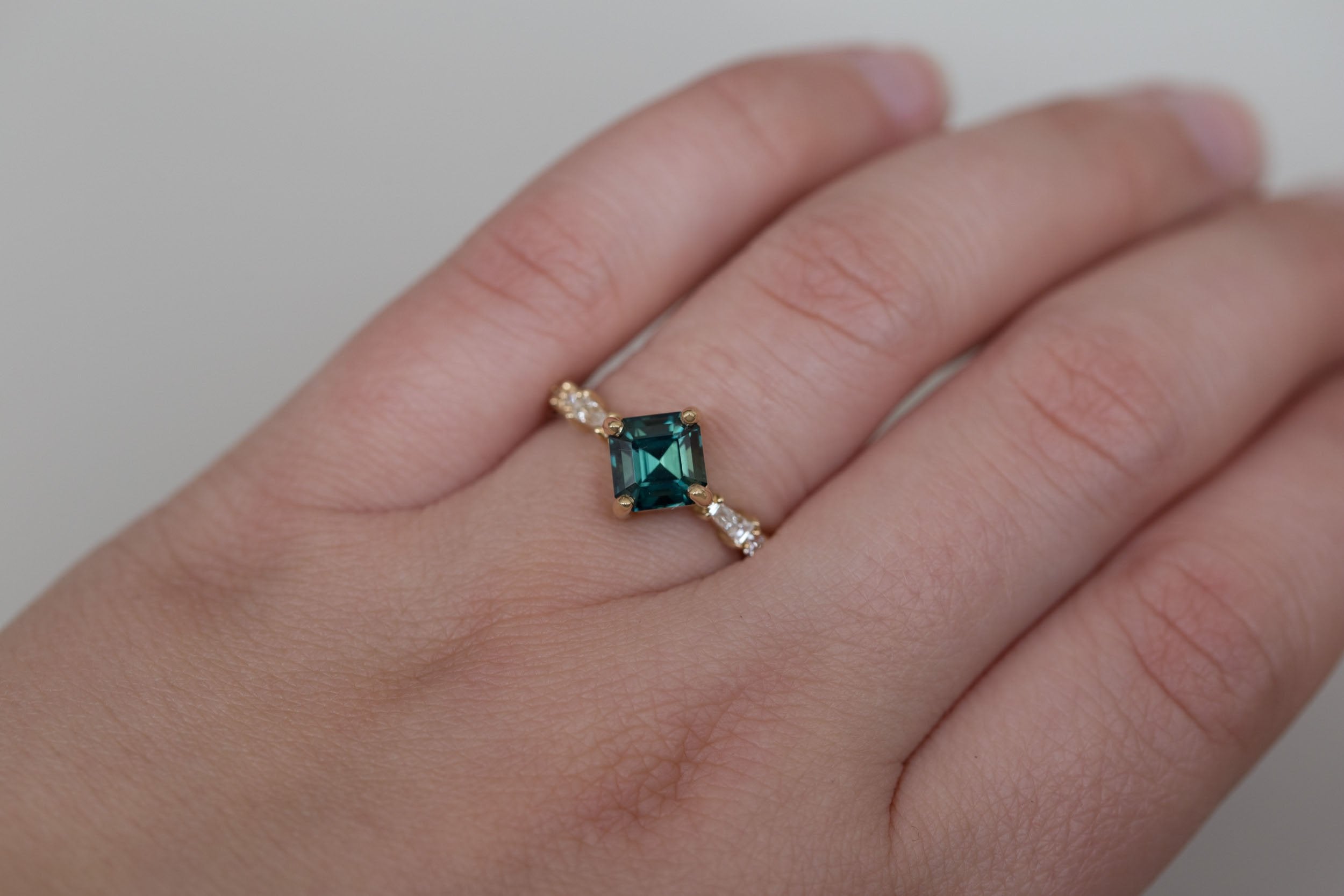 Liesel Ring | Teal Asscher Cut Sapphire + Diamond Baguette Accent Engagement Ring 1.90 ct | 14k Recycled Gold | One of a Kind
