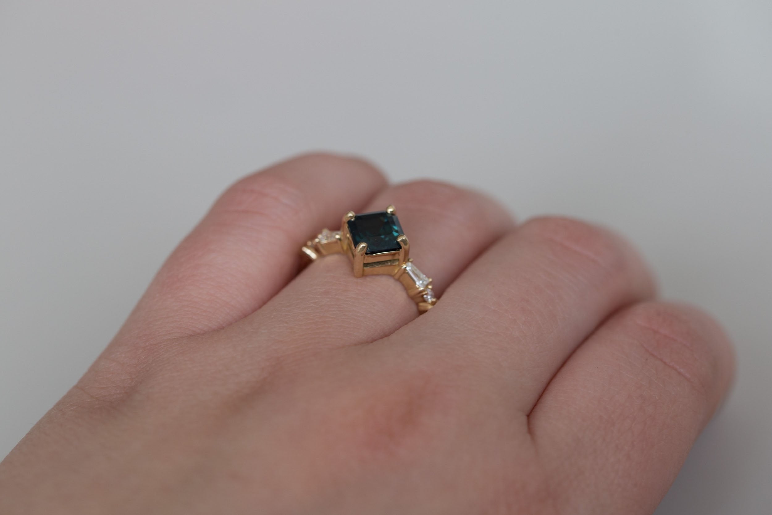 Liesel Ring | Teal Asscher Cut Sapphire + Diamond Baguette Accent Engagement Ring 1.90 ct | 14k Recycled Gold | One of a Kind