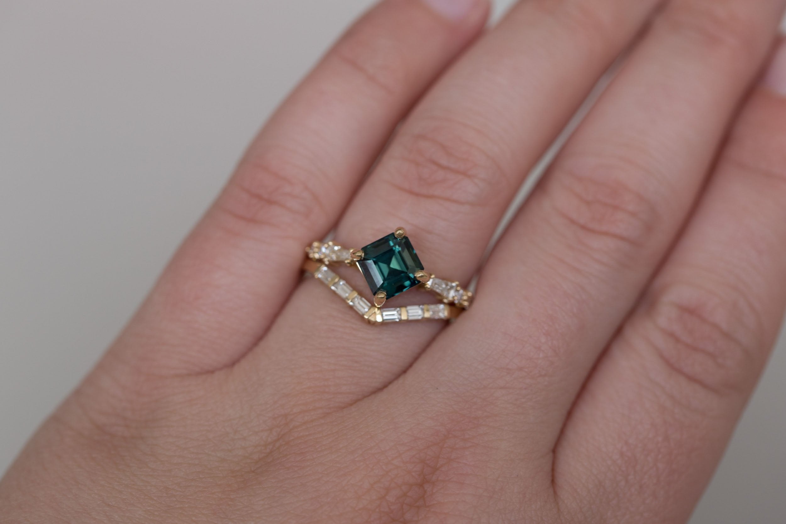Liesel Ring | Teal Asscher Cut Sapphire + Diamond Baguette Accent Engagement Ring 1.90 ct | 14k Recycled Gold | One of a Kind
