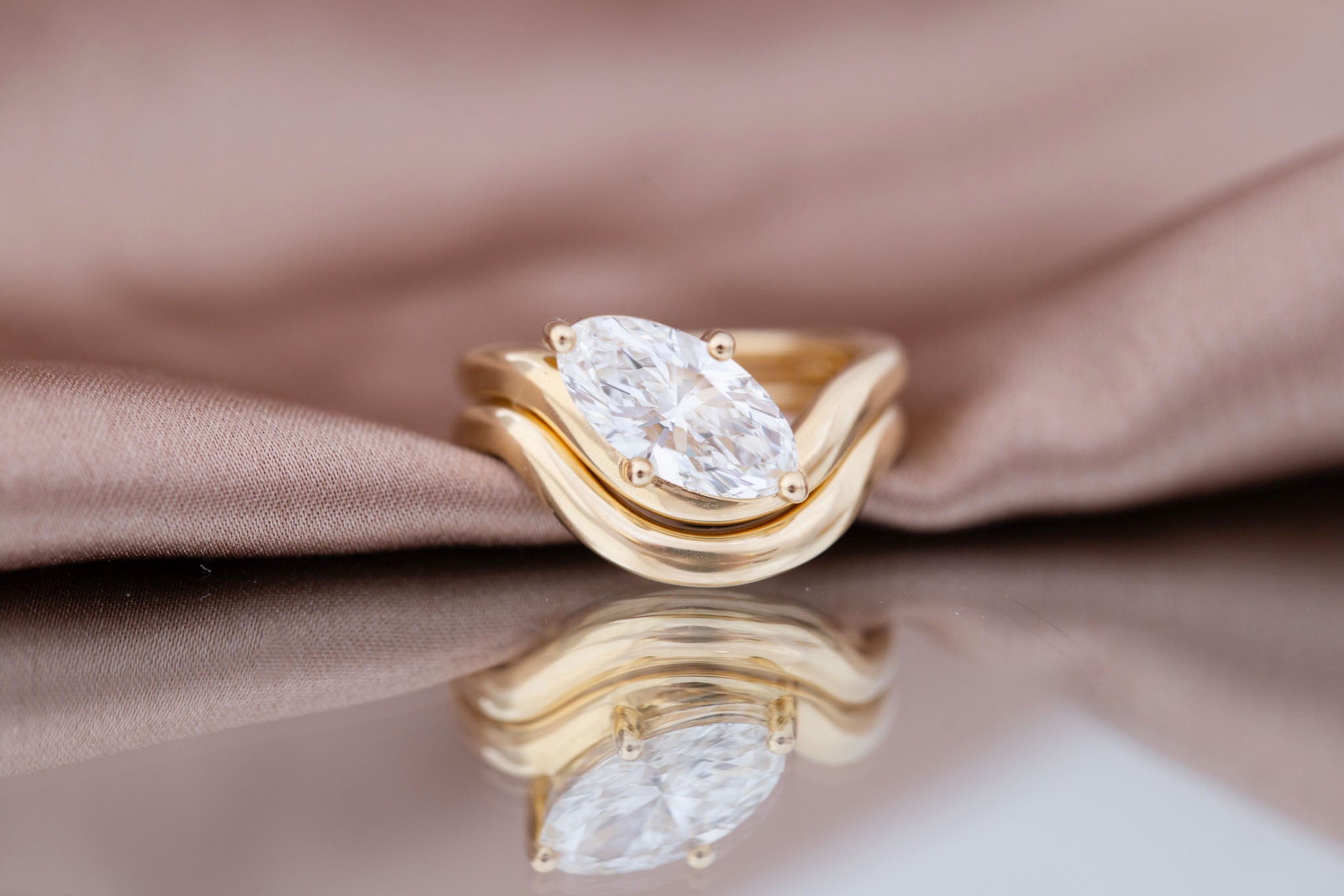 Townes Ring | Lab Moval Cut Diamond Solitaire Curved Band Engagement Ring + Wedding Band Set 1.90 ct | 14k Recycled Gold | One of a Kind