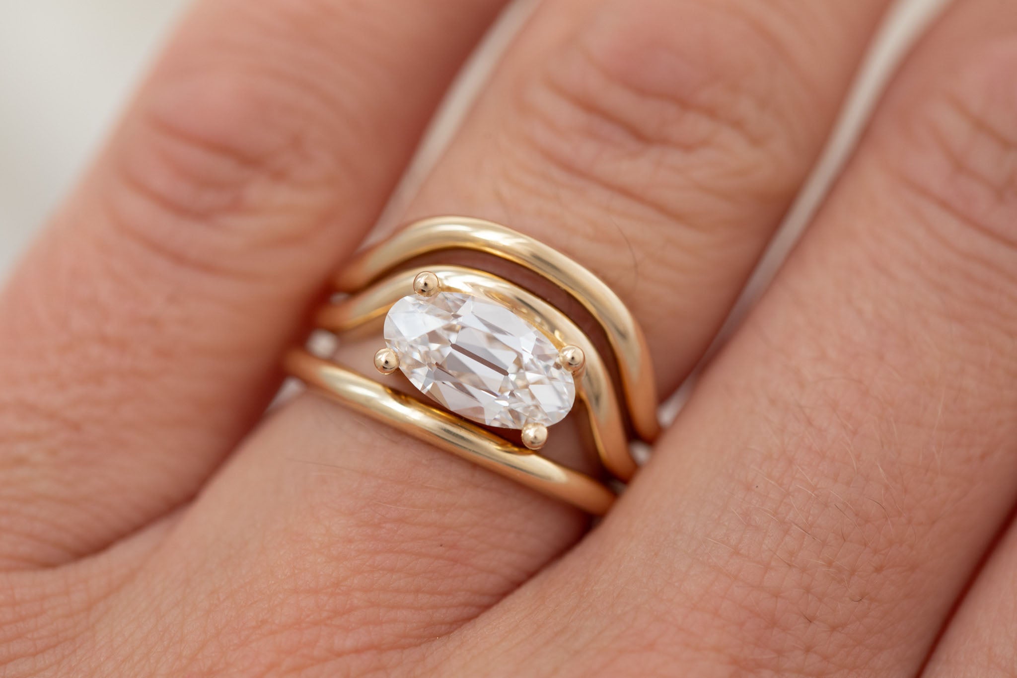 Hayes Ring | Lab Moval Solitaire + Double Curved Band Engagement Ring 1.90 ct | 14k Recycled Gold | One of a Kind