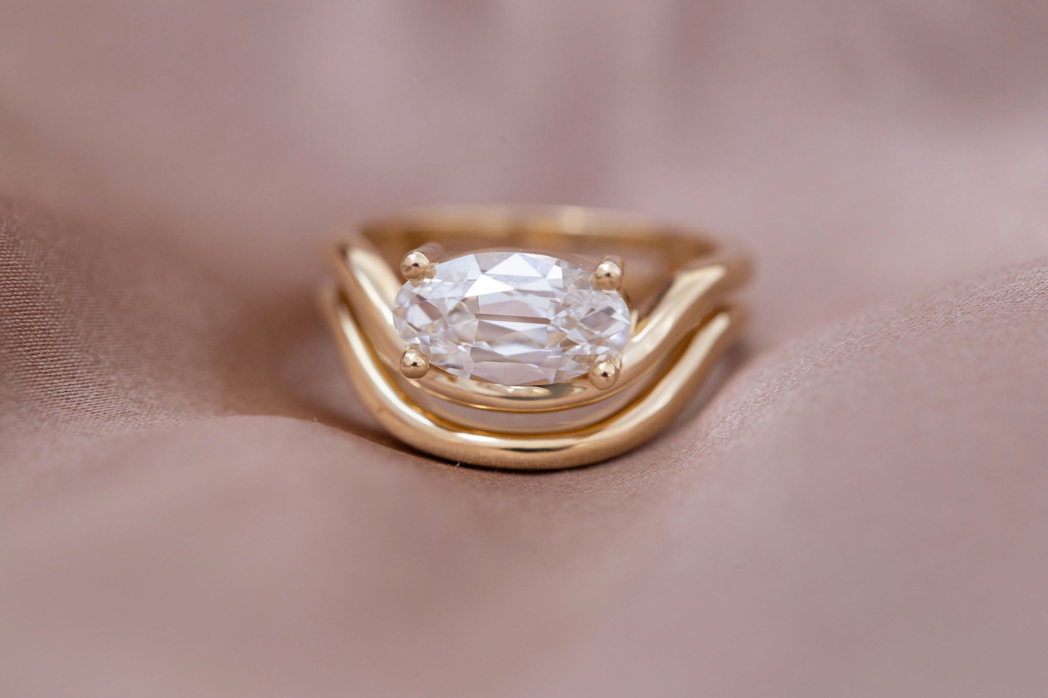 Hayes Ring | Lab Moval Solitaire + Double Curved Band Engagement Ring 1.90 ct | 14k Recycled Gold | One of a Kind