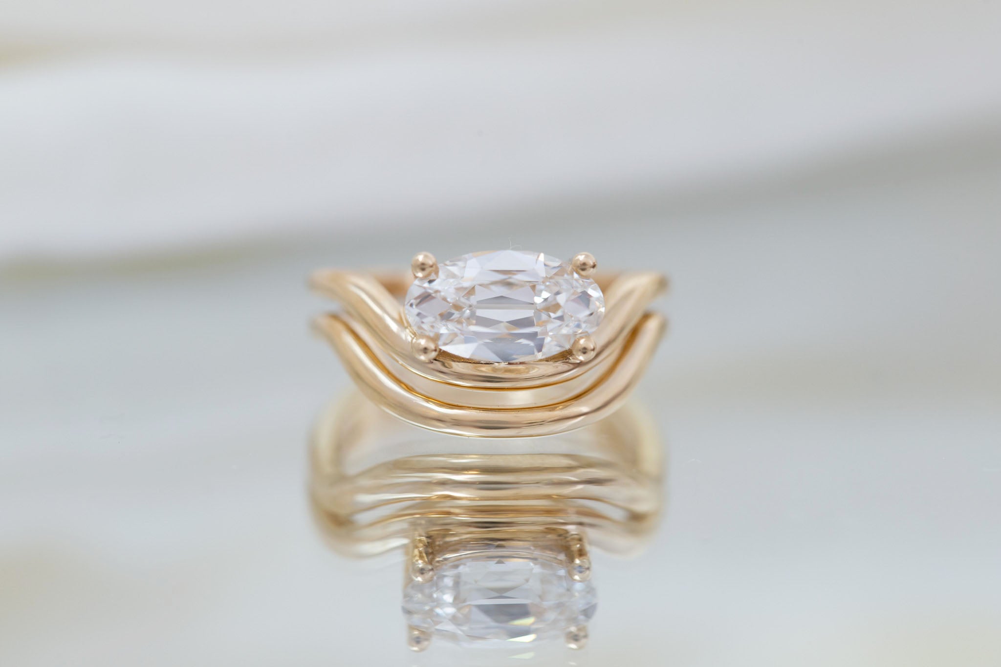 Hayes Ring | Lab Moval Solitaire + Double Curved Band Engagement Ring 1.90 ct | 14k Recycled Gold | One of a Kind