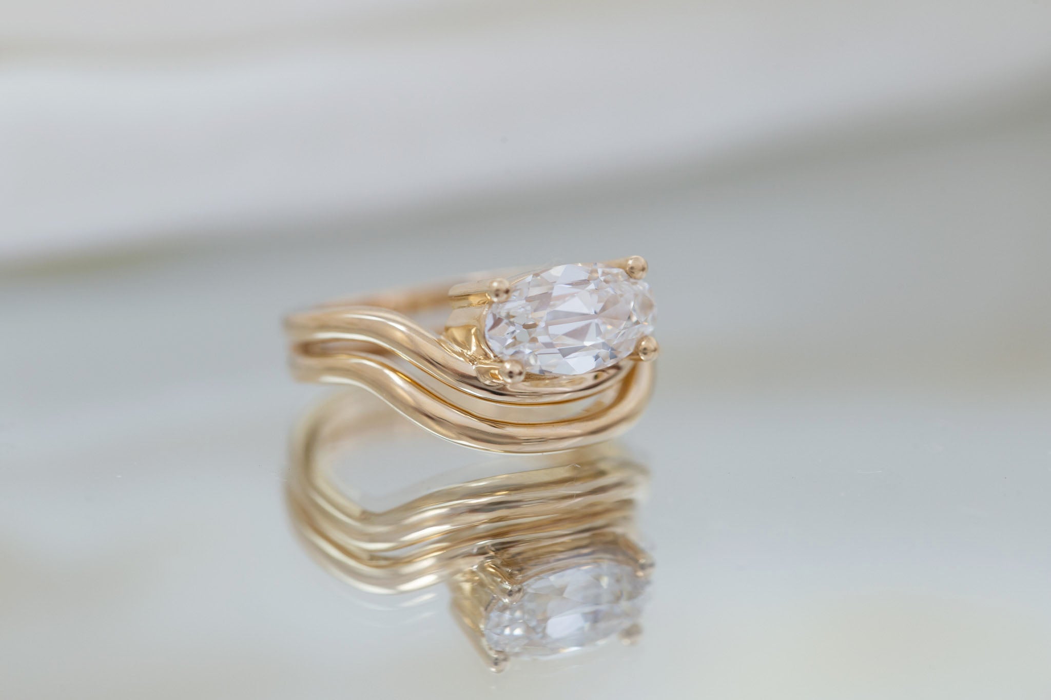 Hayes Ring | Lab Moval Solitaire + Double Curved Band Engagement Ring 1.90 ct | 14k Recycled Gold | One of a Kind