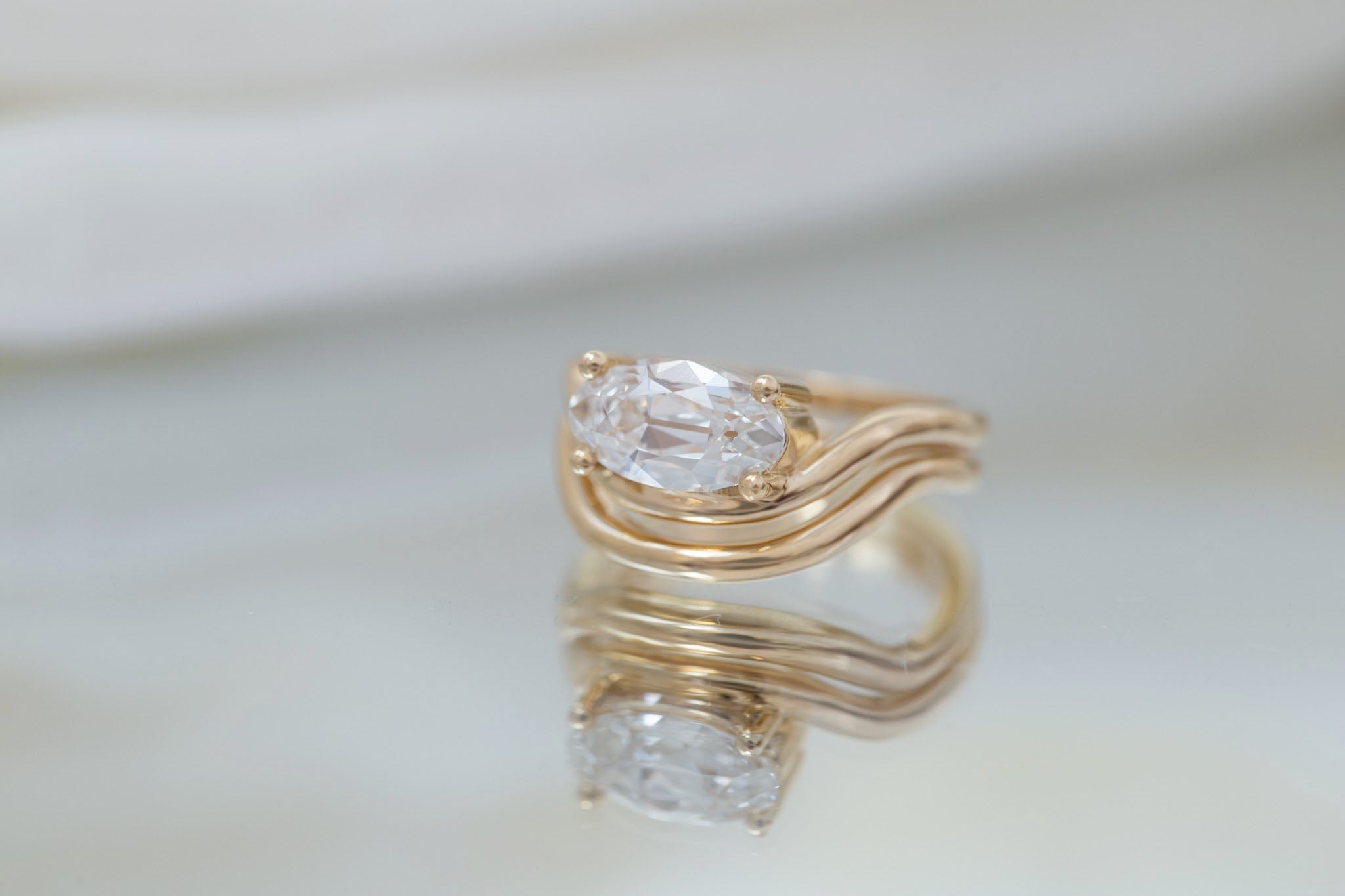 Hayes Ring | Lab Moval Solitaire + Double Curved Band Engagement Ring 1.90 ct | 14k Recycled Gold | One of a Kind