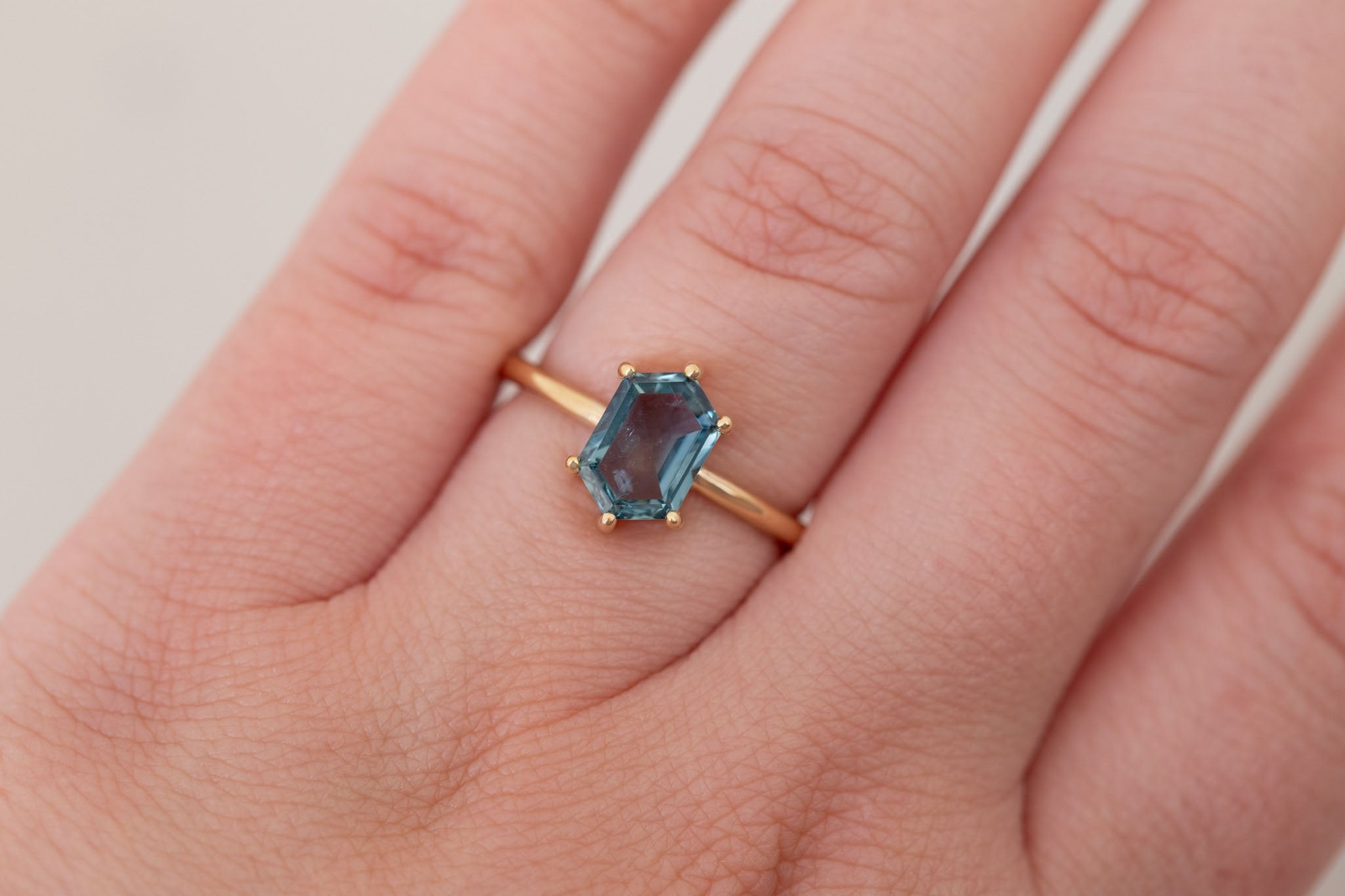 Briar Ring | Mint Montana Hexagonal Cut Solitaire Engagement Ring 1.91 ct | 14k Recycled Gold | One of a Kind