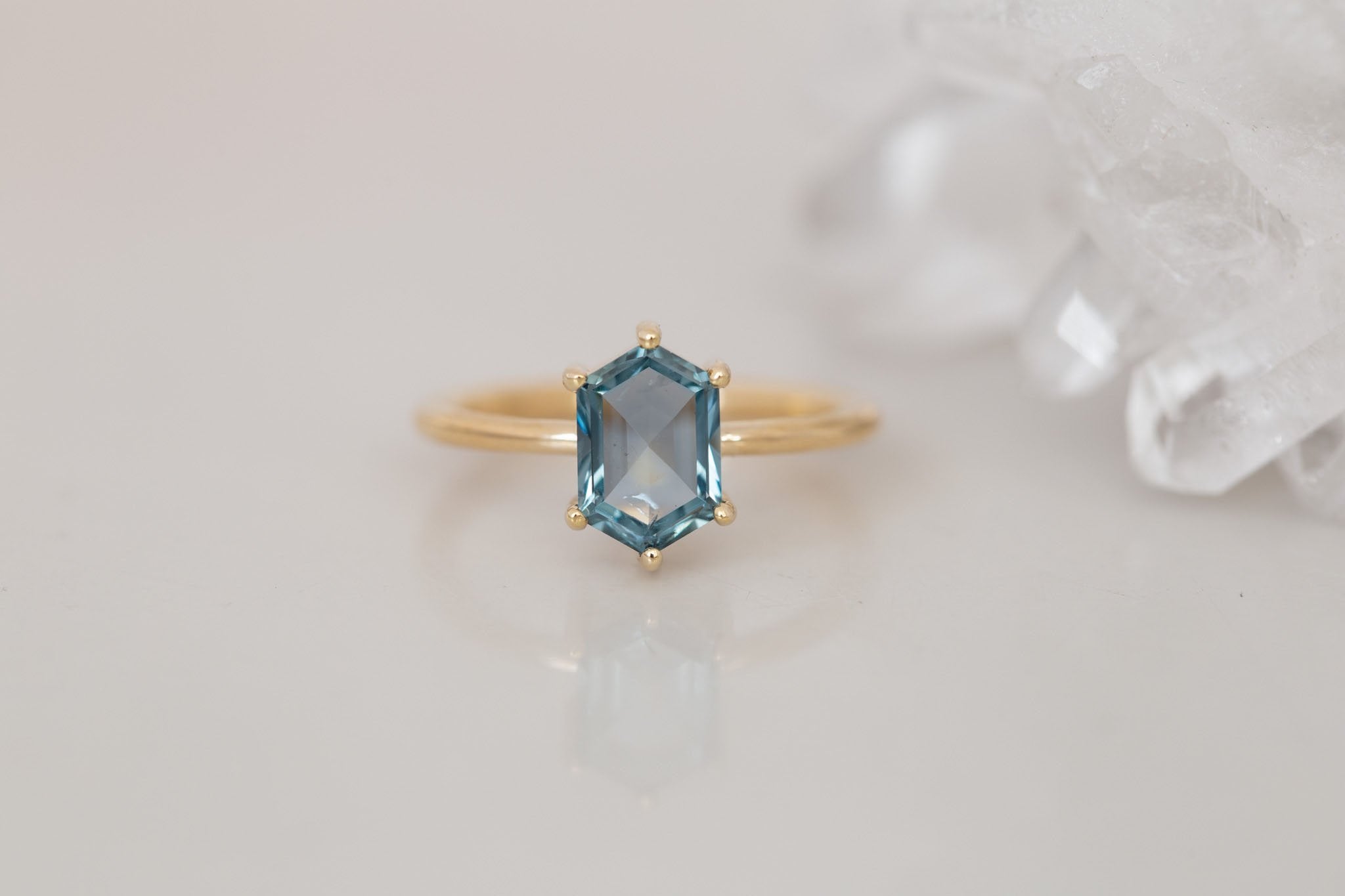 Briar Ring | Mint Montana Hexagonal Cut Solitaire Engagement Ring 1.91 ct | 14k Recycled Gold | One of a Kind
