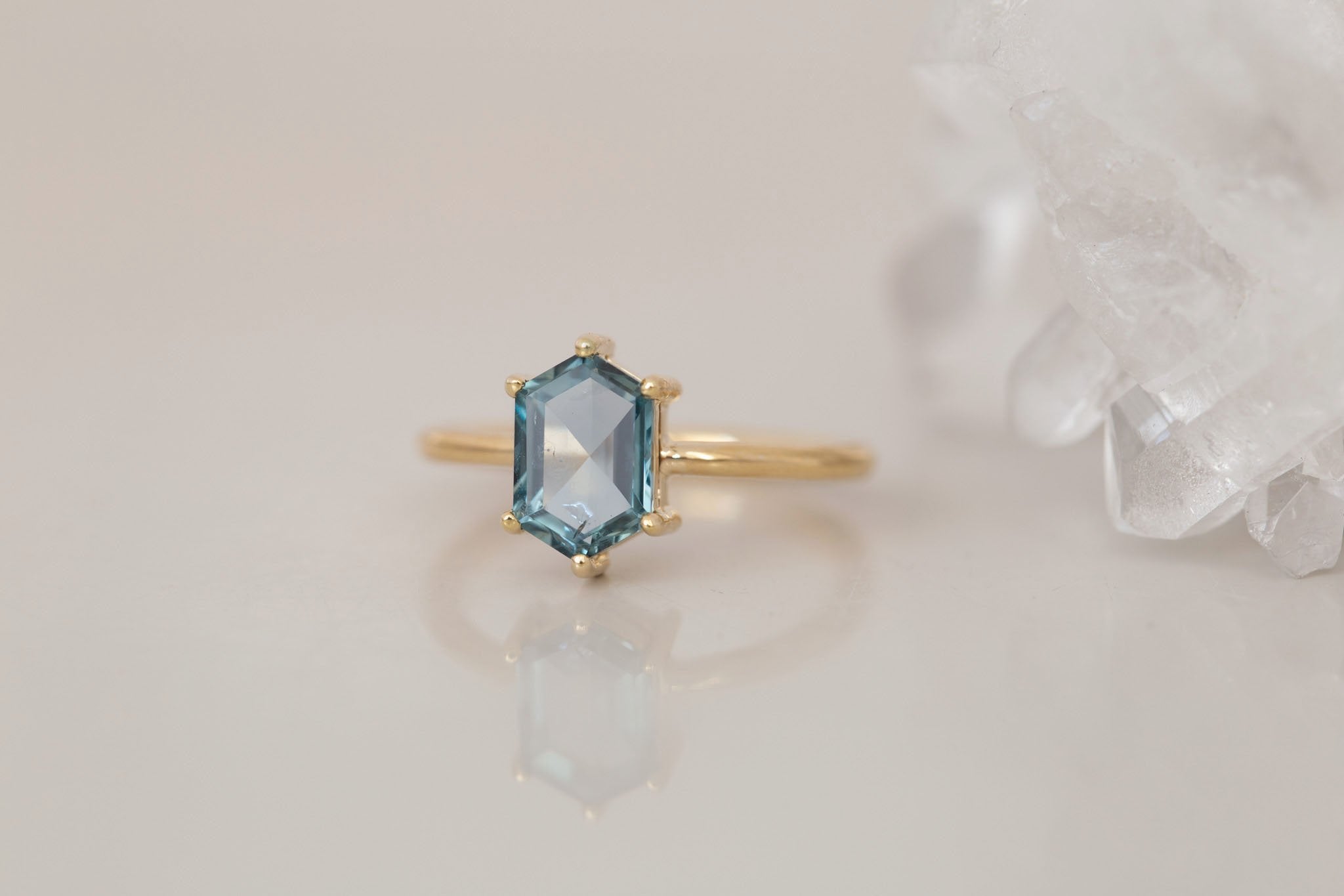 Briar Ring | Mint Montana Hexagonal Cut Solitaire Engagement Ring 1.91 ct | 14k Recycled Gold | One of a Kind