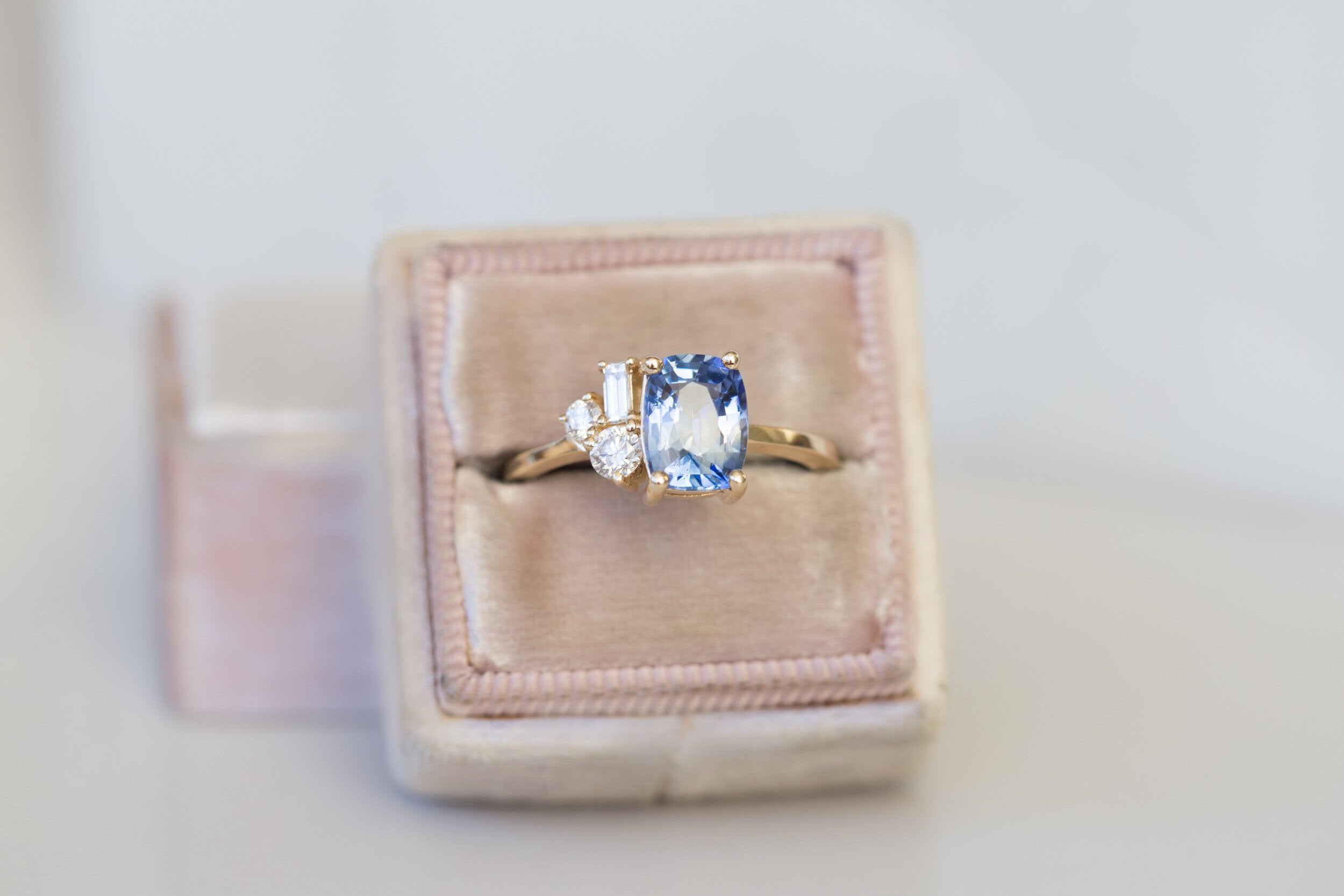 Bicolor Blue Sapphire + Baguette and Round Diamond Cluster Engagement Ring | 14k Recycled Gold | One of a Kind