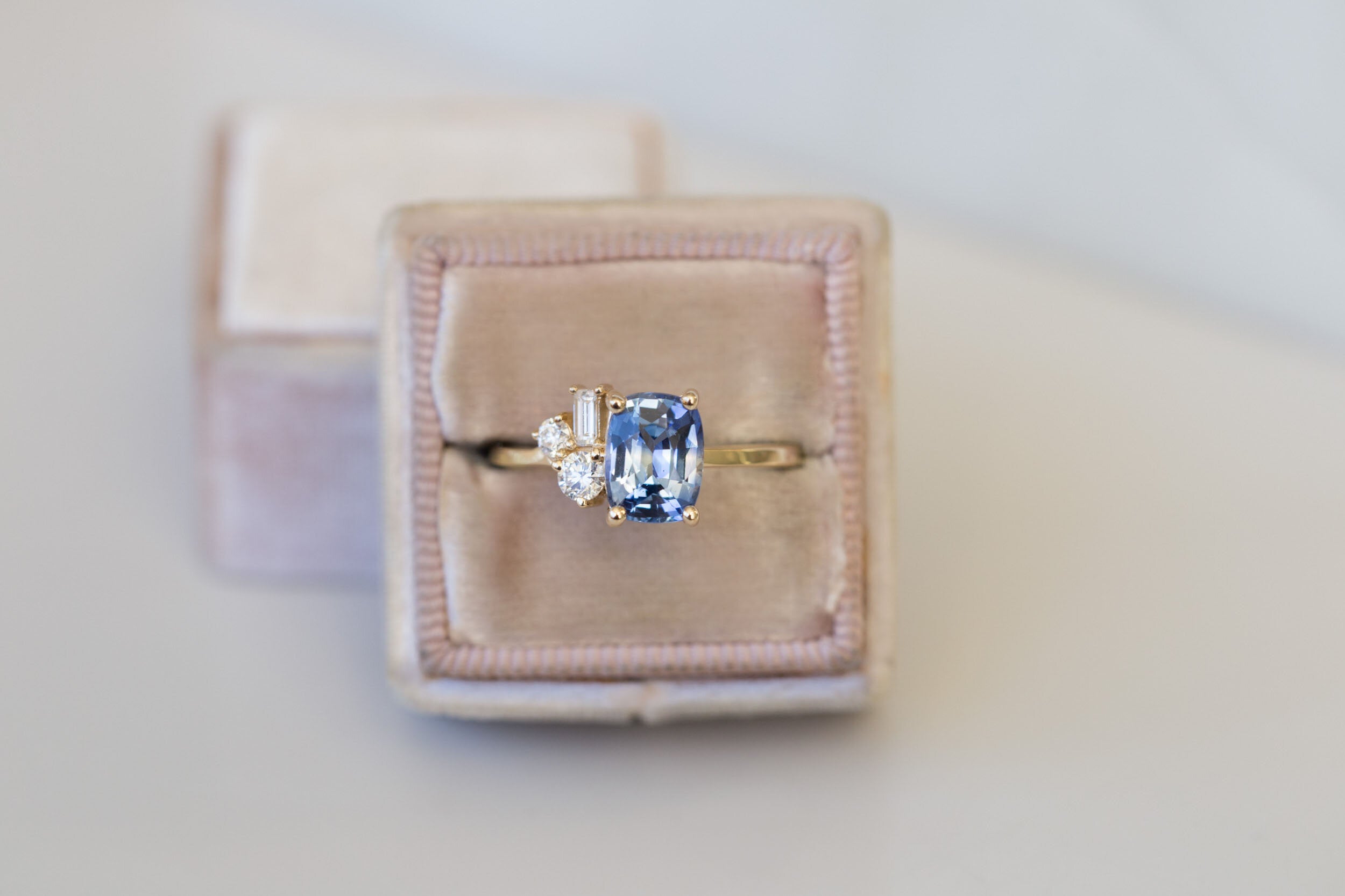 Bicolor Blue Sapphire + Baguette and Round Diamond Cluster Engagement Ring | 14k Recycled Gold | One of a Kind