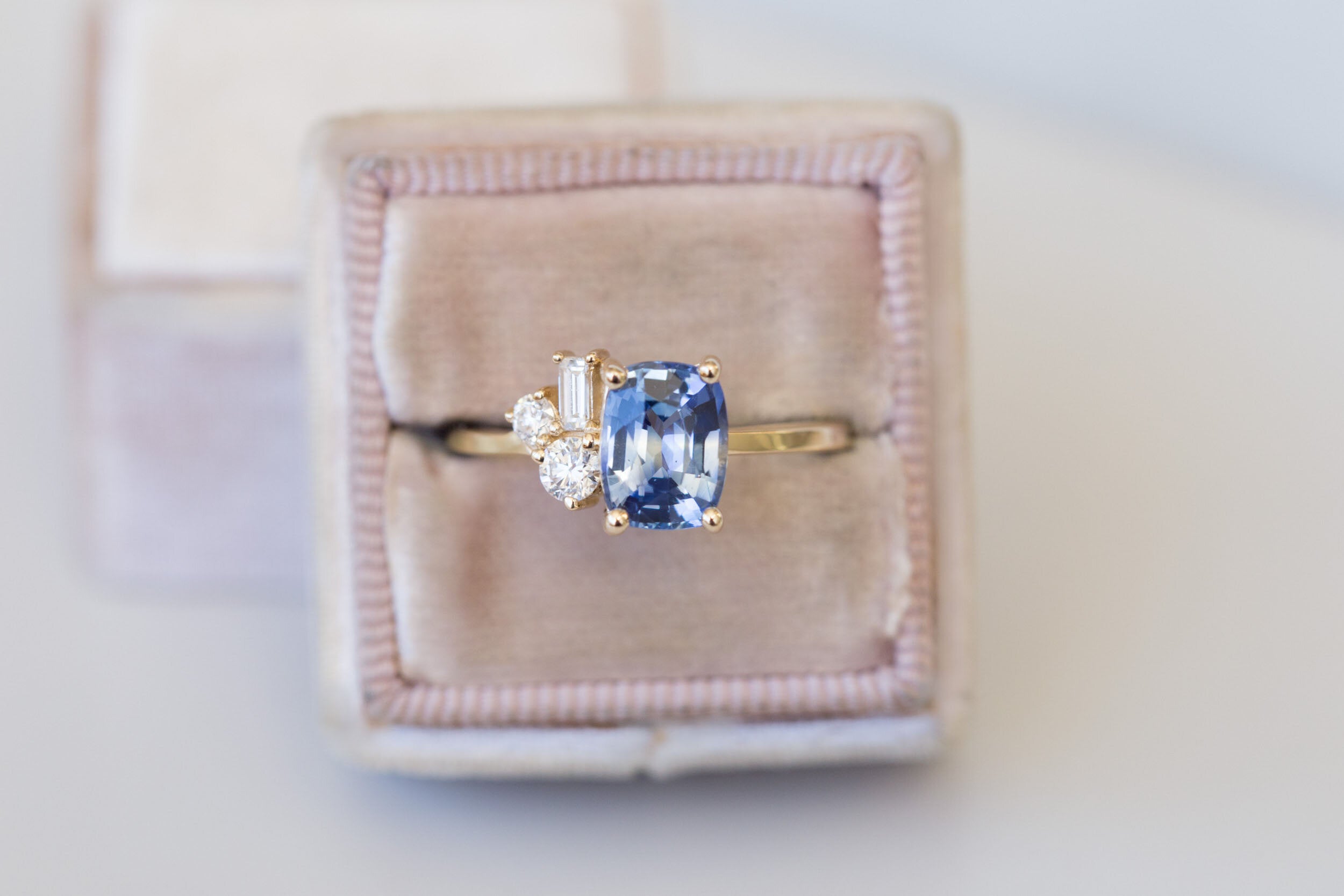 Bicolor Blue Sapphire + Baguette and Round Diamond Cluster Engagement Ring | 14k Recycled Gold | One of a Kind