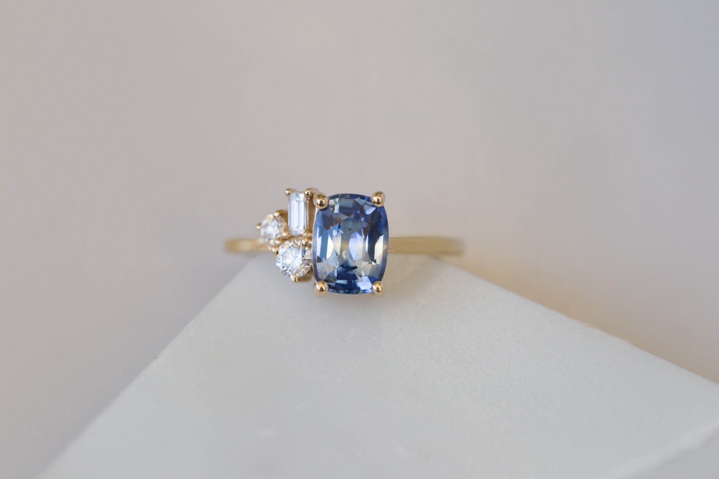 Bicolor Blue Sapphire + Baguette and Round Diamond Cluster Engagement Ring | 14k Recycled Gold | One of a Kind