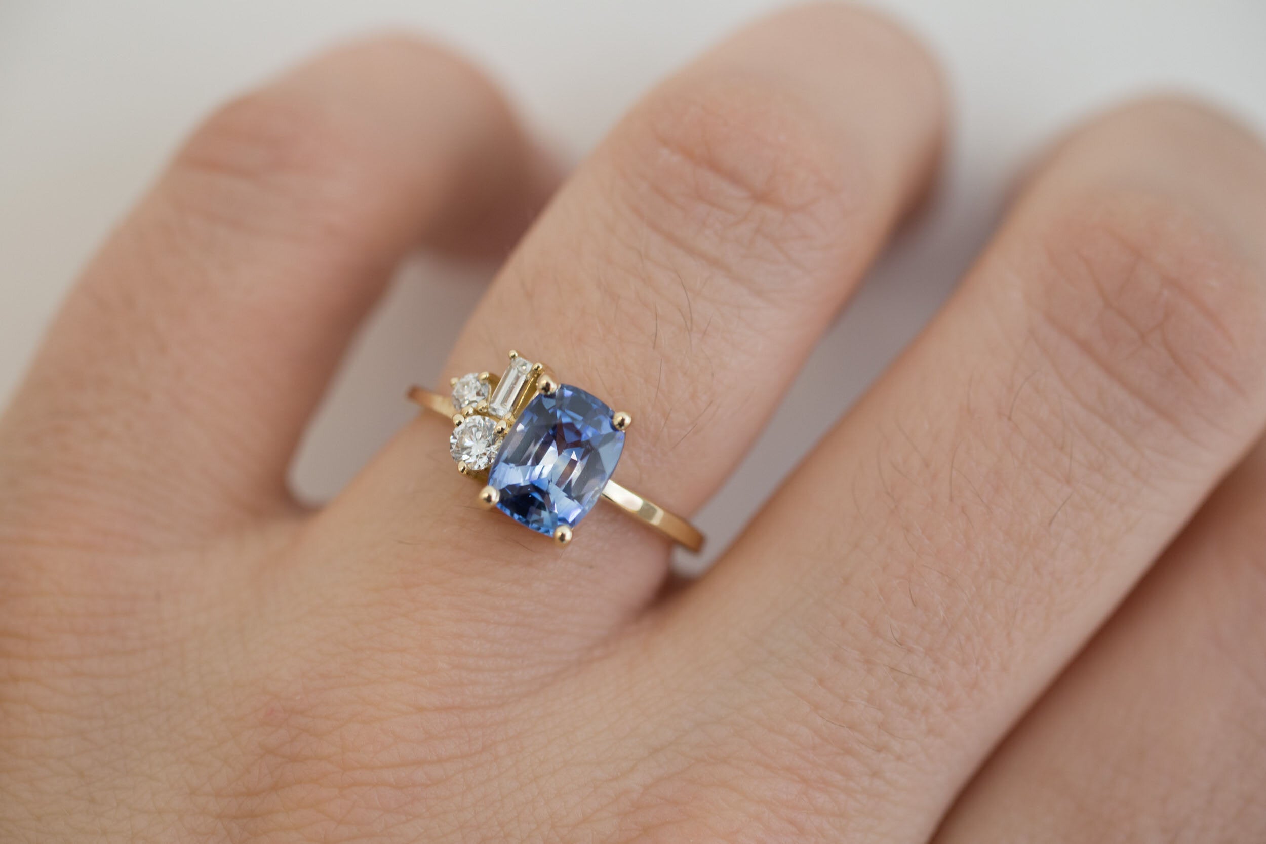 Bicolor Blue Sapphire + Baguette and Round Diamond Cluster Engagement Ring | 14k Recycled Gold | One of a Kind