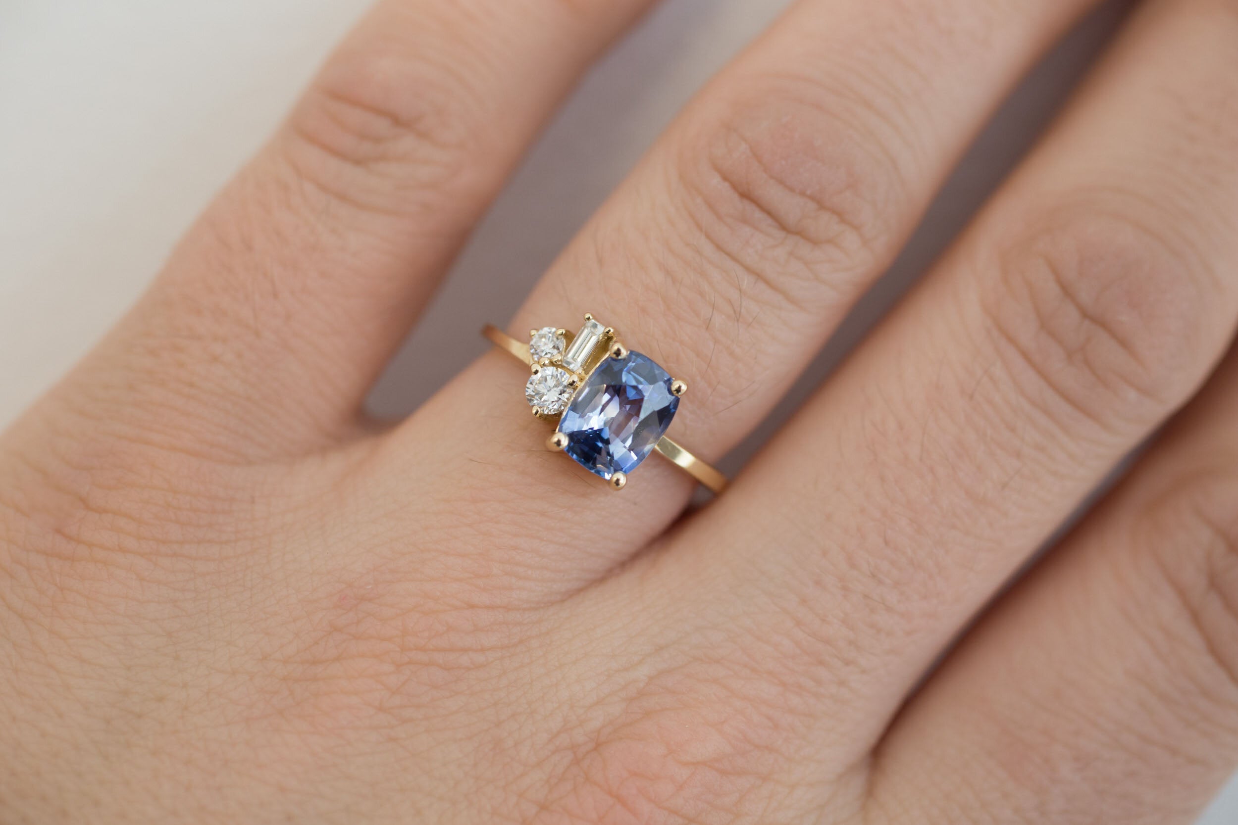 Bicolor Blue Sapphire + Baguette and Round Diamond Cluster Engagement Ring | 14k Recycled Gold | One of a Kind