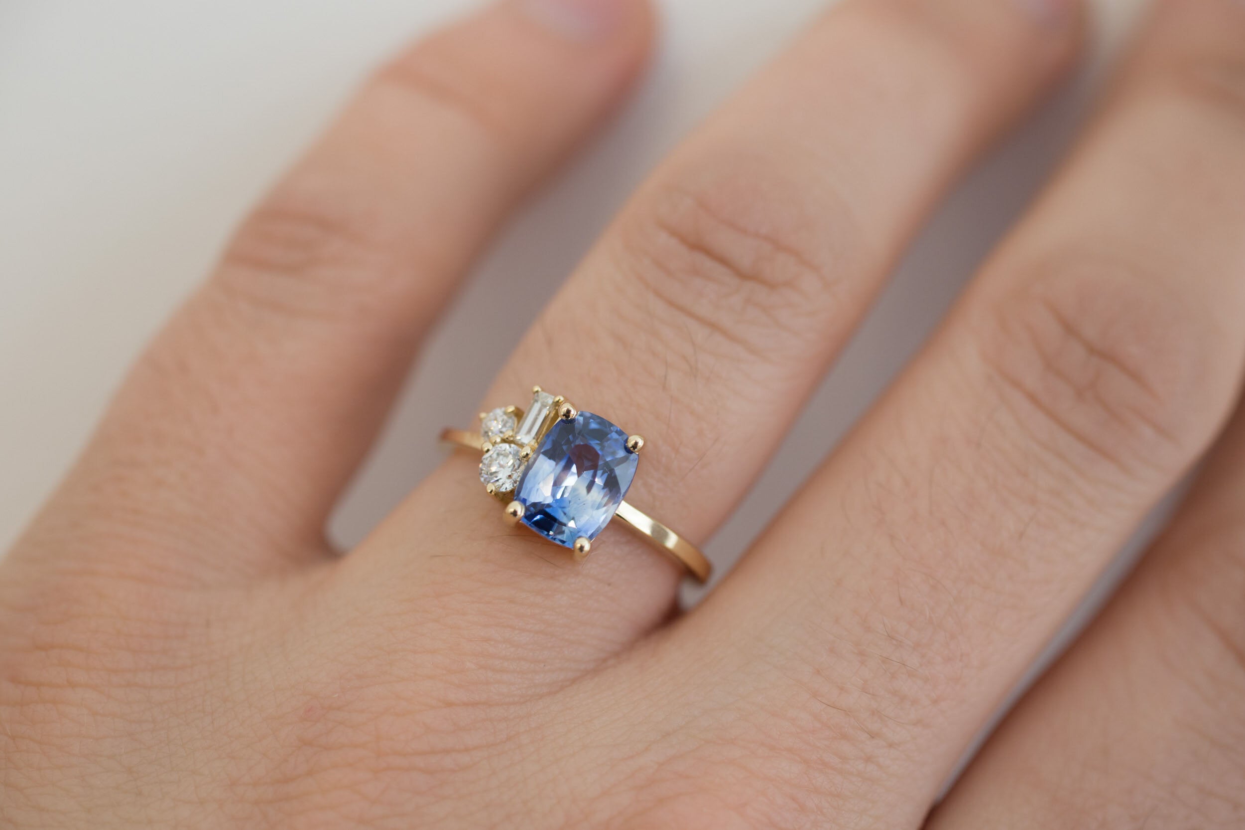 Bicolor Blue Sapphire + Baguette and Round Diamond Cluster Engagement Ring | 14k Recycled Gold | One of a Kind
