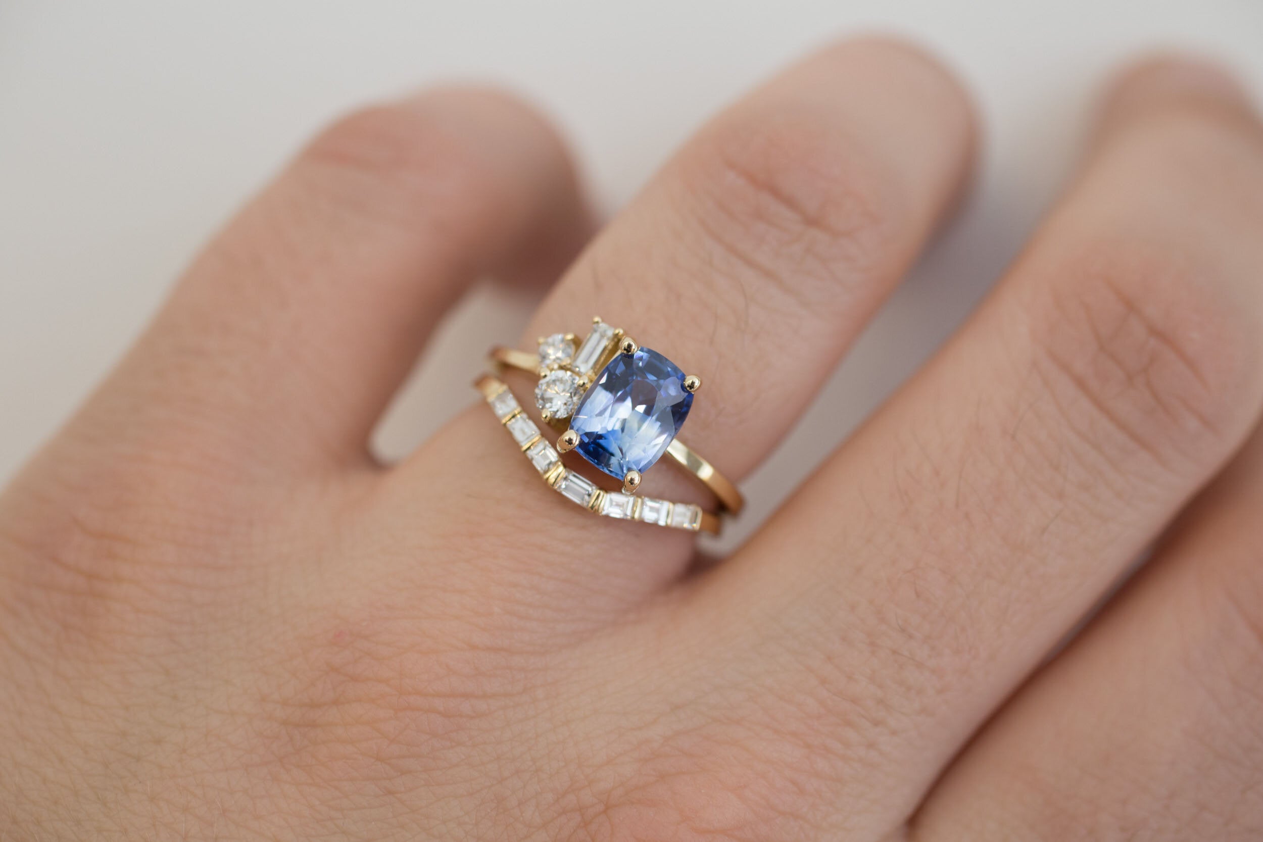 Bicolor Blue Sapphire + Baguette and Round Diamond Cluster Engagement Ring | 14k Recycled Gold | One of a Kind