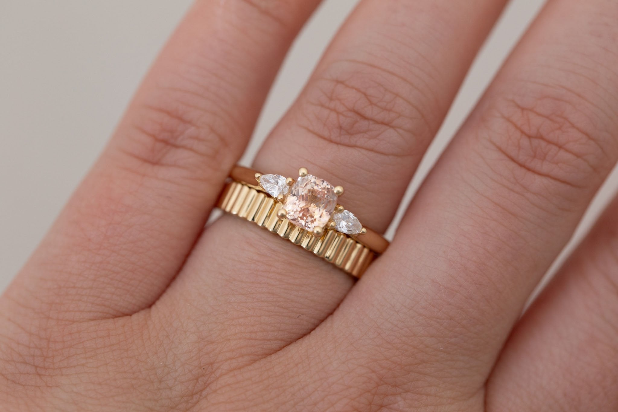 Iris Ring | Peach Cushion Cut Sapphire + Pear Diamond Accent Engagement Ring 1.42 ct | 14k Recycled Gold | One of a Kind